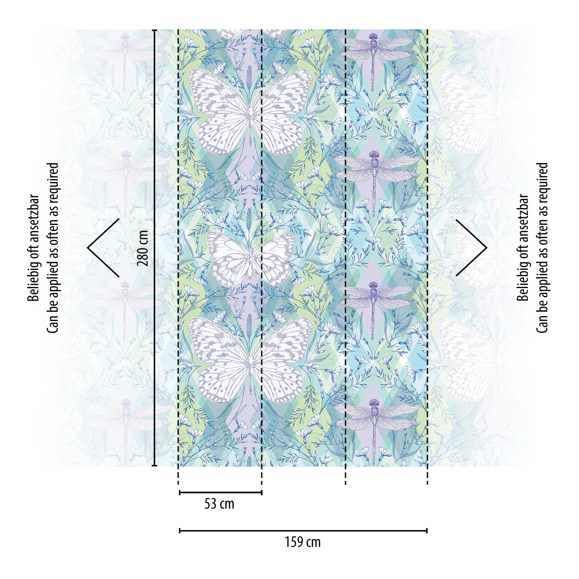 Målskema for Ethereal Wings tapet fra Nicetapet.dk, viser paneler på 53 cm bredde og 280 cm højde. Designet indeholder sommerfugle og guldsmede i et detaljeret mønster.