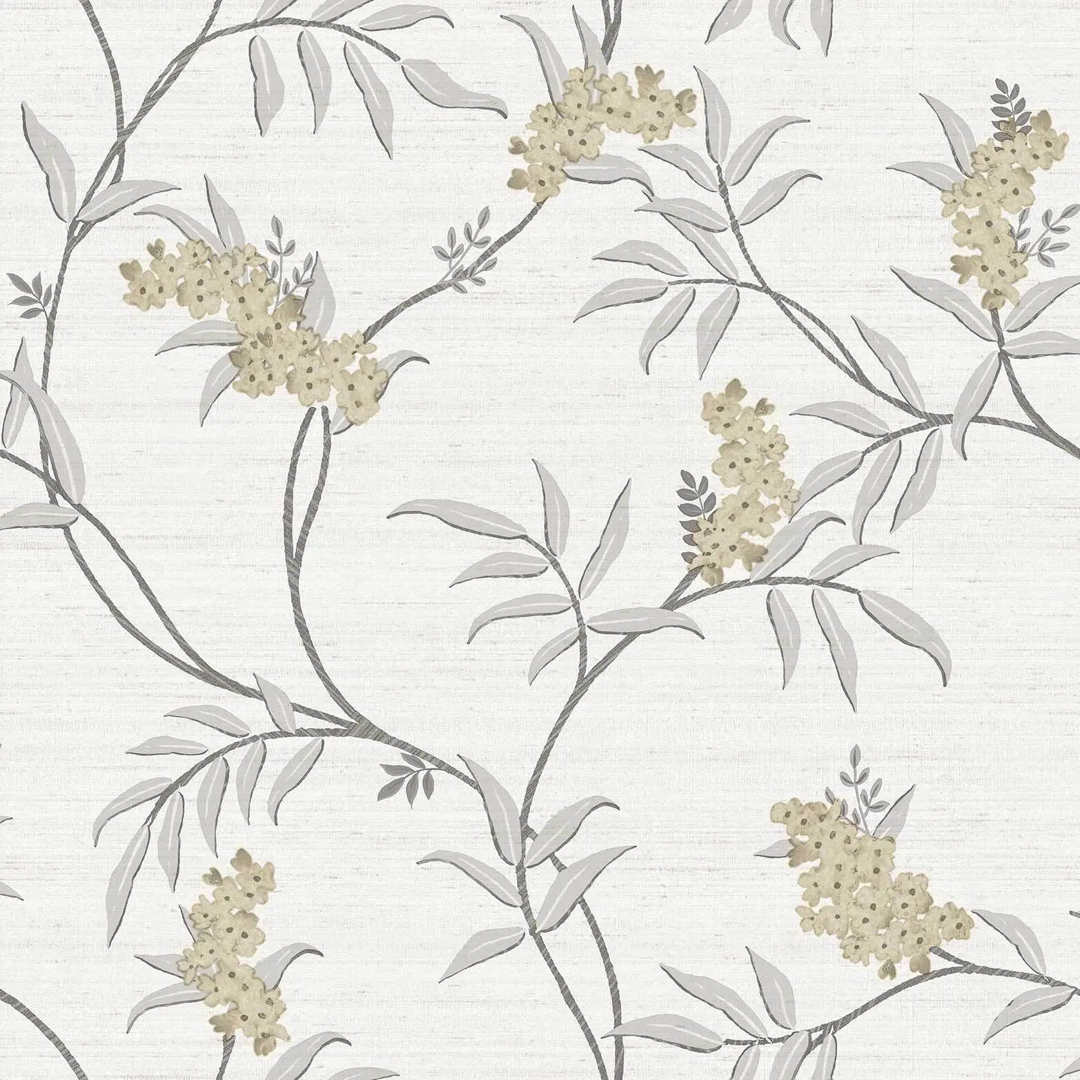 Nærbillede af tapetdesign med bløde beige blomster og grene på en elfenbensfarvet baggrund fra Etruscan Elegance - Ivory.