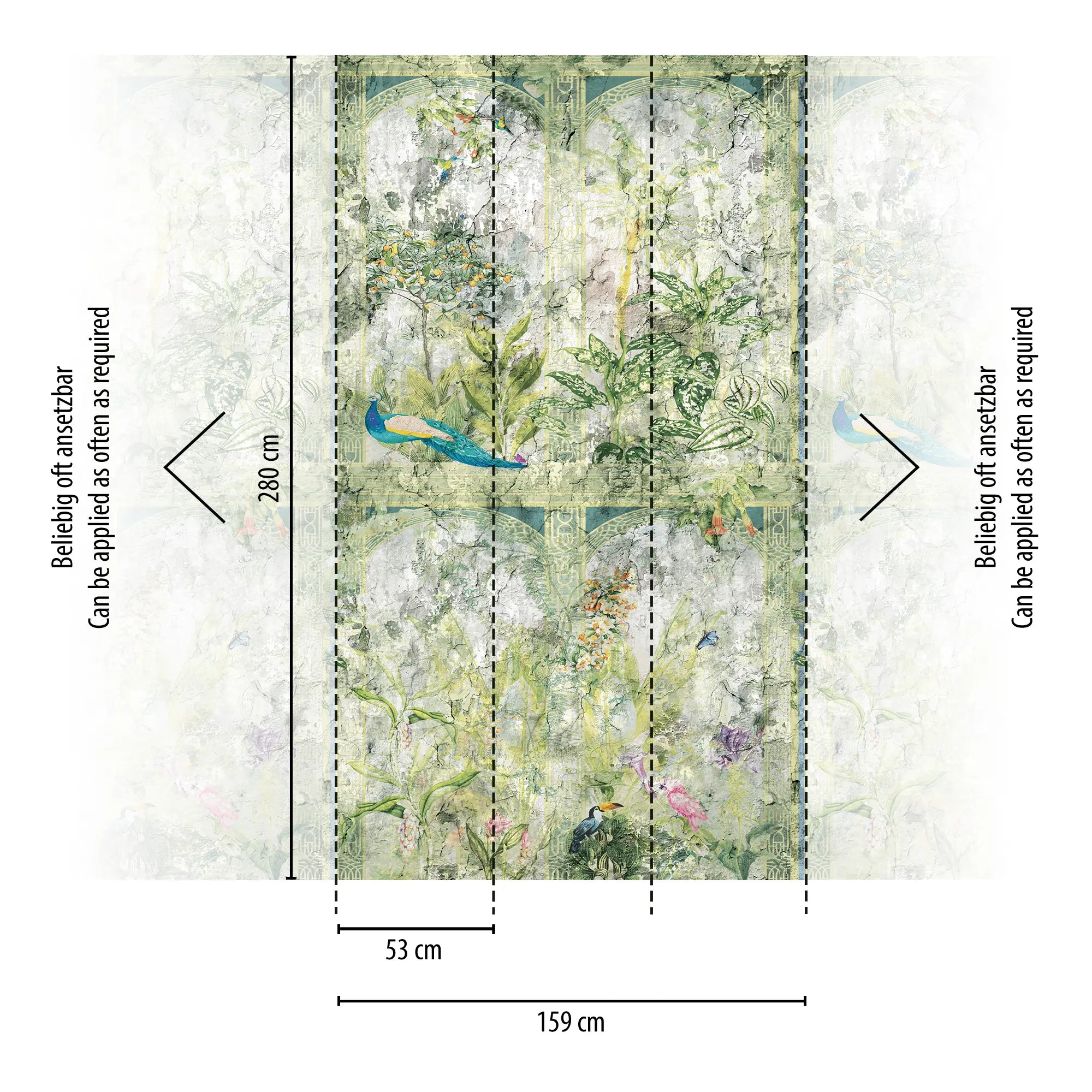 Faded Garden tapet med målangivelse af 280 cm i højde og 159 cm i bredde. Indikerer gentagevne i designet.