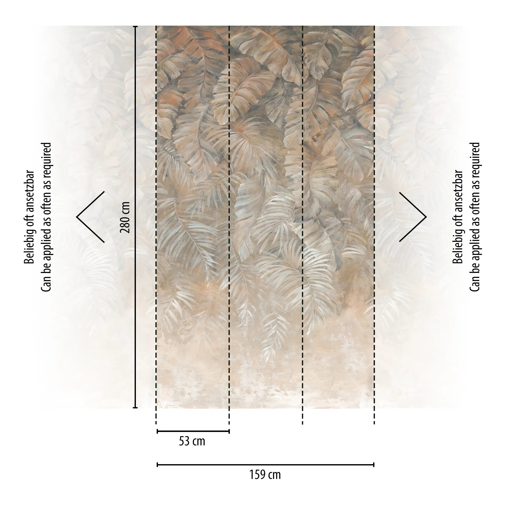 Faded Leaves tapet mål med angivelser for højden 280 cm og bredde 159 cm fordelt over paneler.