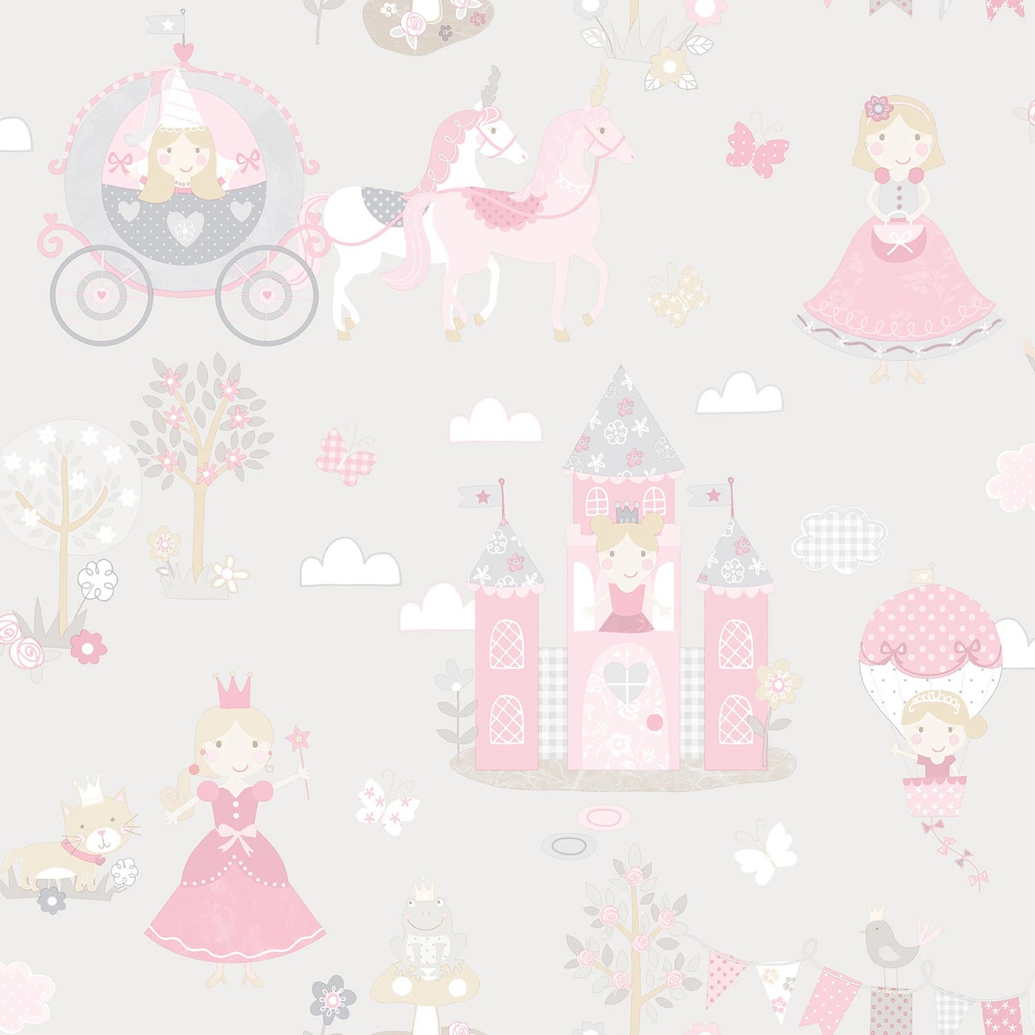 Nærbillede af Fairytale Kingdom - Blush Pink Delight tapet med motiver som prinsesser, slotte, enhjørninger og kreative figurer i lyserøde og pastelfarver.