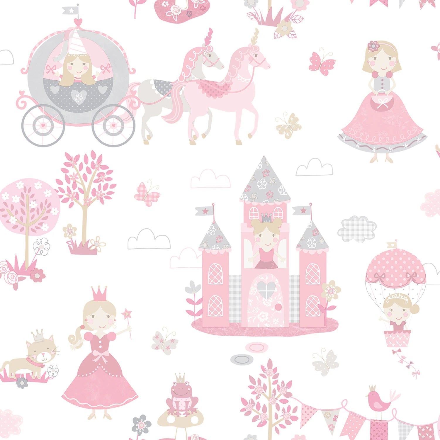 Detaljeret tapetdesign Fairytale Kingdom - Enchanted Bliss med prinsesser, slotte og vogne i lyserøde nuancer på Nicetapet.dk.