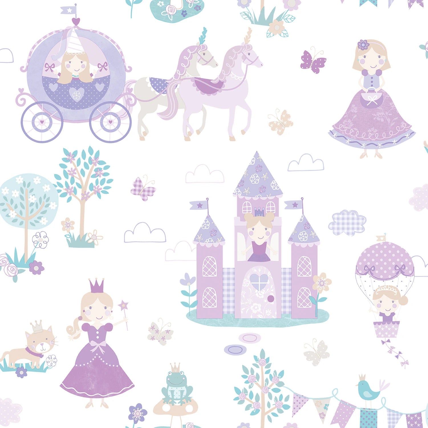 Nærbillede af tapet Fairytale Kingdom - Lavender Dreamscape med motiver af prinsesser, slotte, enhjørninger og eventyrikoner i bløde pastelfarver.