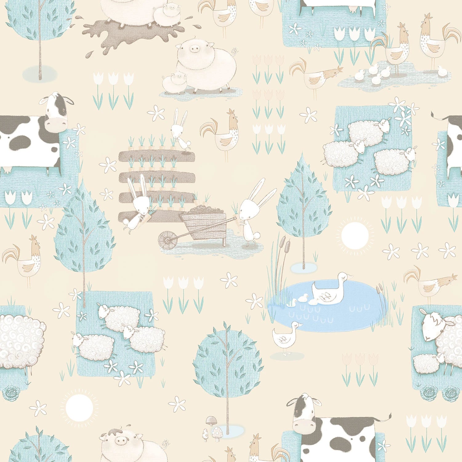 Farmyard Friends - Pastel Blue: Nærbillede af tapetdesign viser forskellige bondegårdsdyr som køer, kaniner og får i en pastelblå palet.