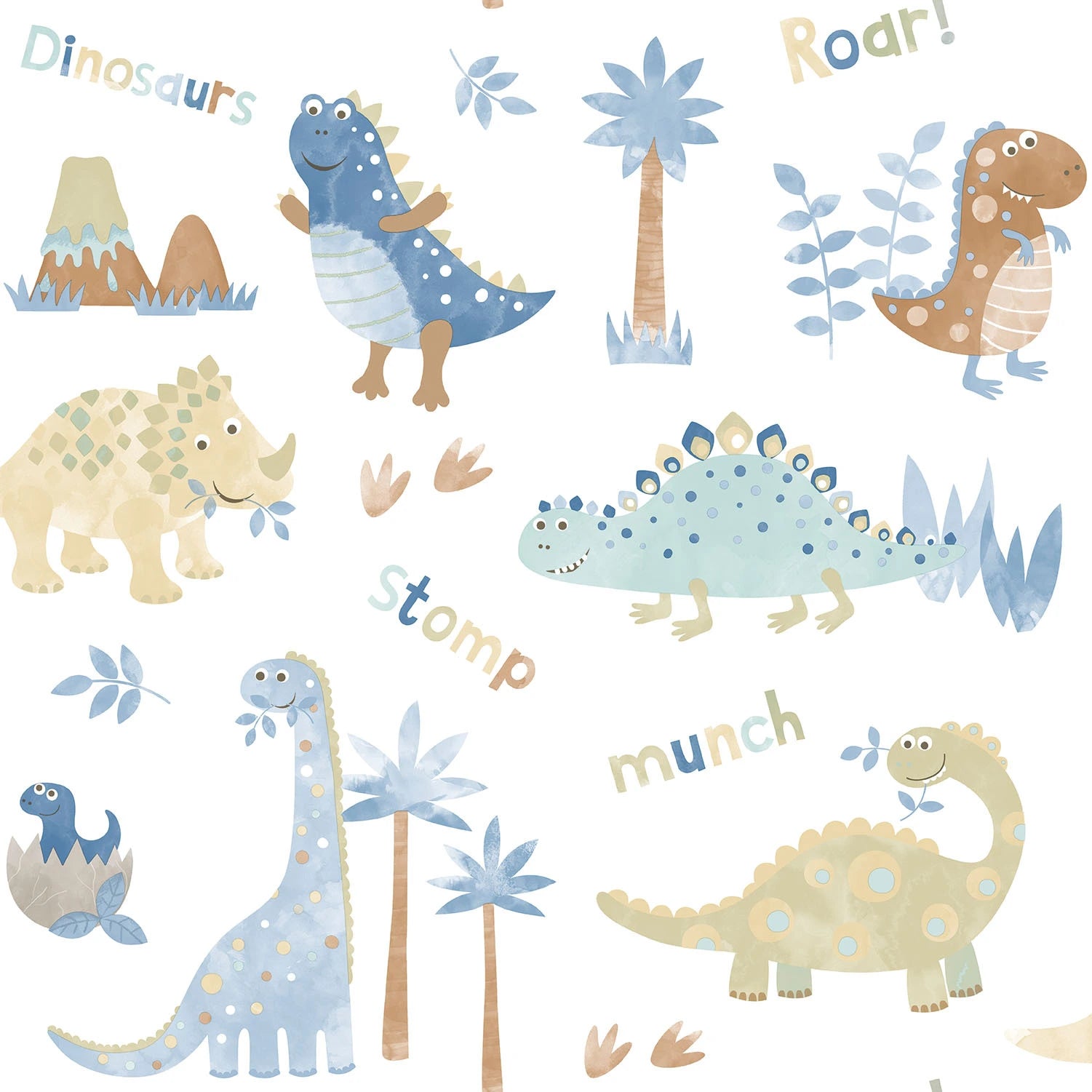 Dino Dreams - Pastel Adventure tapet fra Nicetapet.dk viser glade, pastelfarvede dinosaurer, herunder en triceratops, en stegosaurus, og flere andre ved siden af palmer og ord som 'Roar', 'Stomp', og 'Munch' på en hvid baggrund.