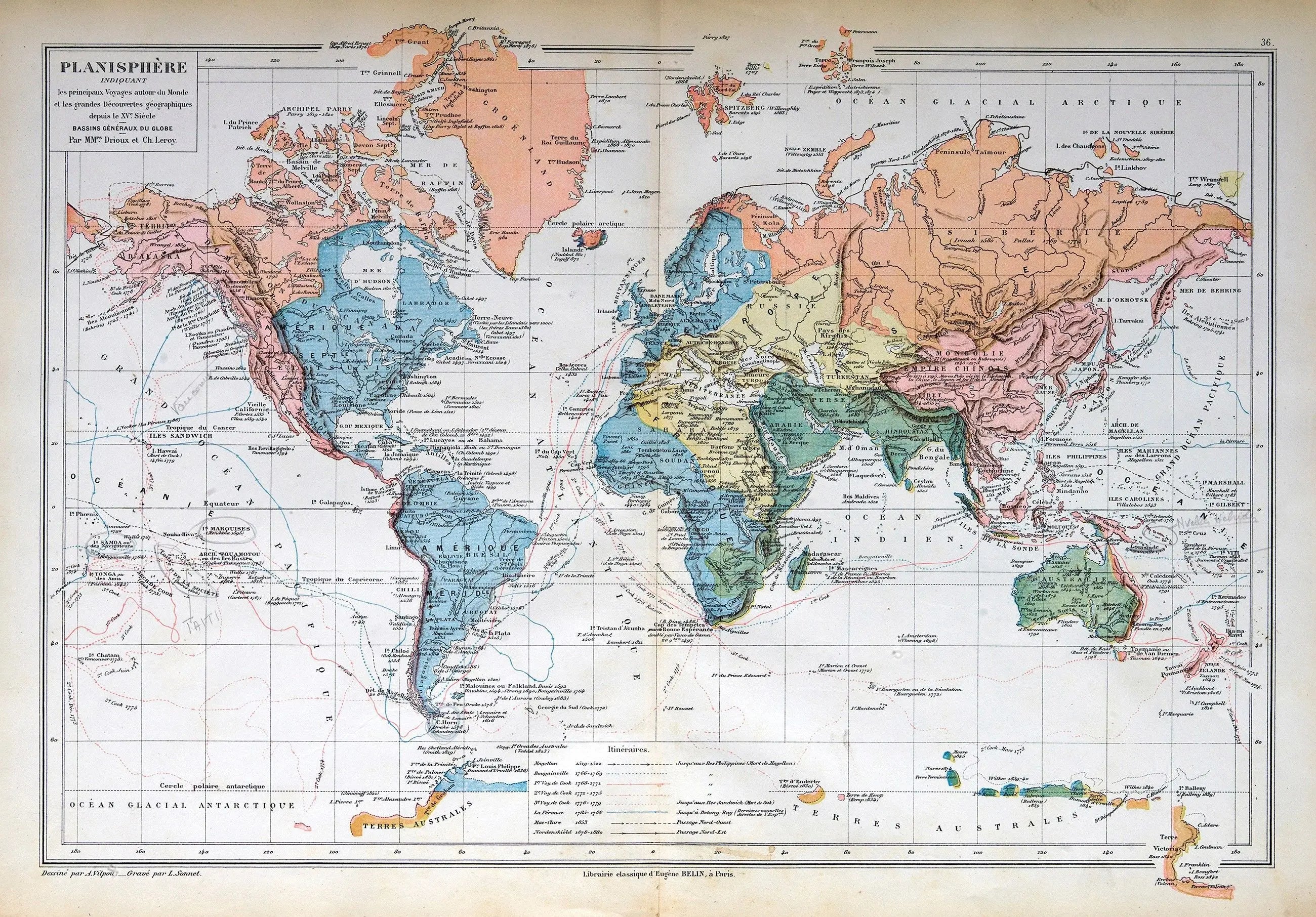 Billede 1 af Fototapet - Farverigt geografisk verdenskort med landegrænser