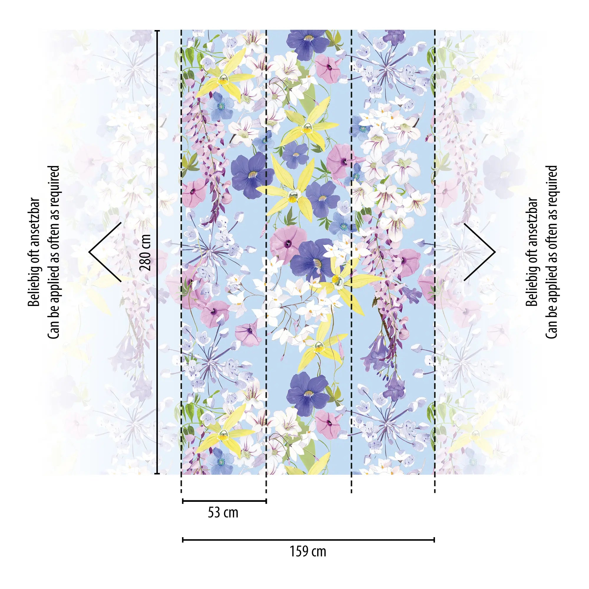 Floral Abundance tapet forklarende billede, der viser de forskellige paneler med mål på 280 cm i højden og 53 cm i bredden pr. panel.