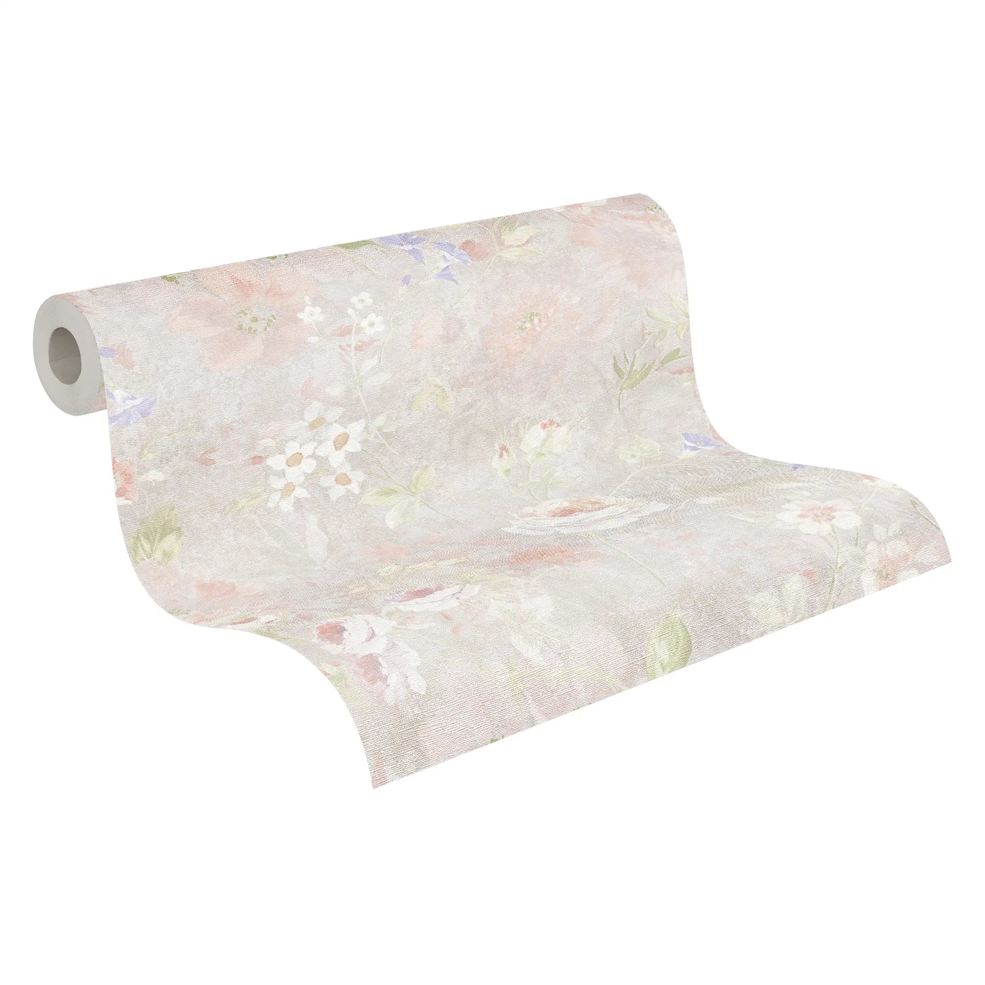 Rullebillede af Floral Elegance - Misty Morning tapet, der viser det flotte blomstermønster i pastelnuancer. Produkt tilgængeligt på Nicetapet.dk.