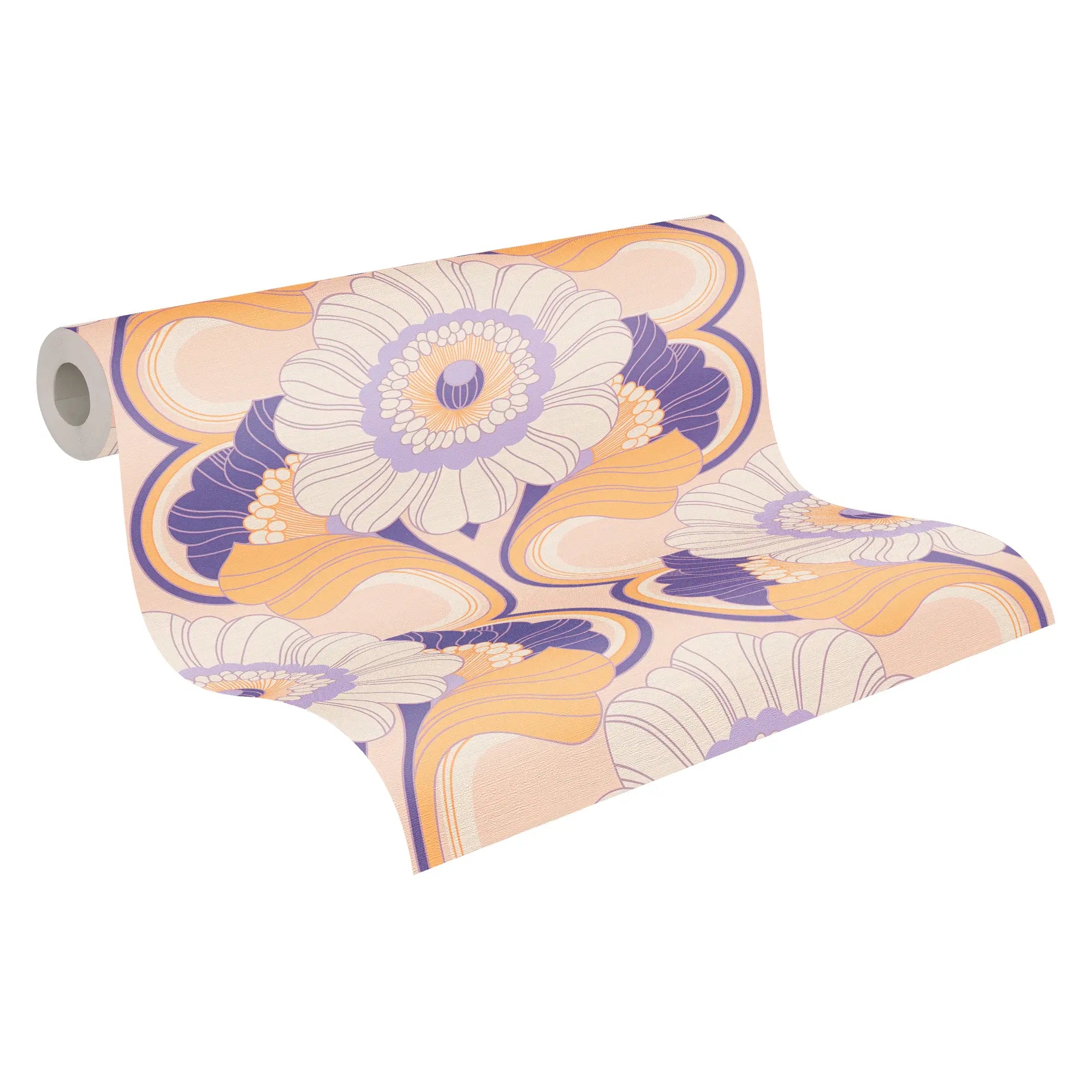 Udrullet Florence - Lavender Dream tapet fra Nicetapet.dk med elegante blomstermotiver i lilla og orange nuancer.