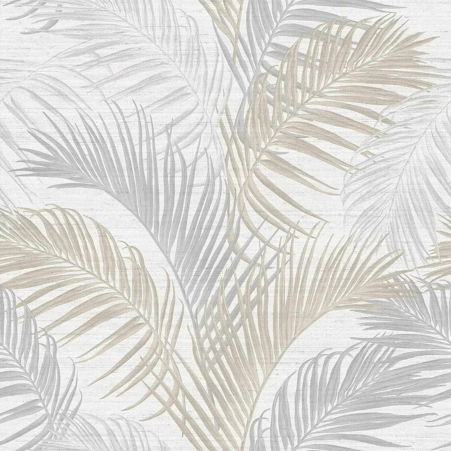 Et tapetdesign kaldet Florentine Breeze - Sand med delikate blade i forskellige beige og grå toner på en lys baggrund. Dette design kan findes på Nicetapet.dk.