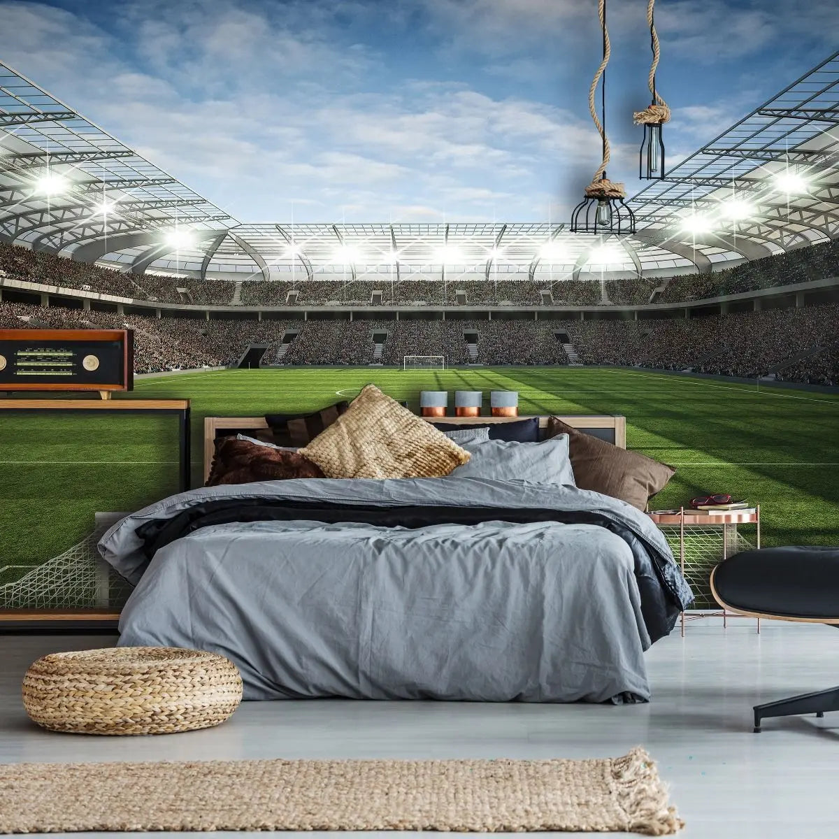 Billede 5 af Fototapet - Fodboldstadion med græsplæne set fra målet