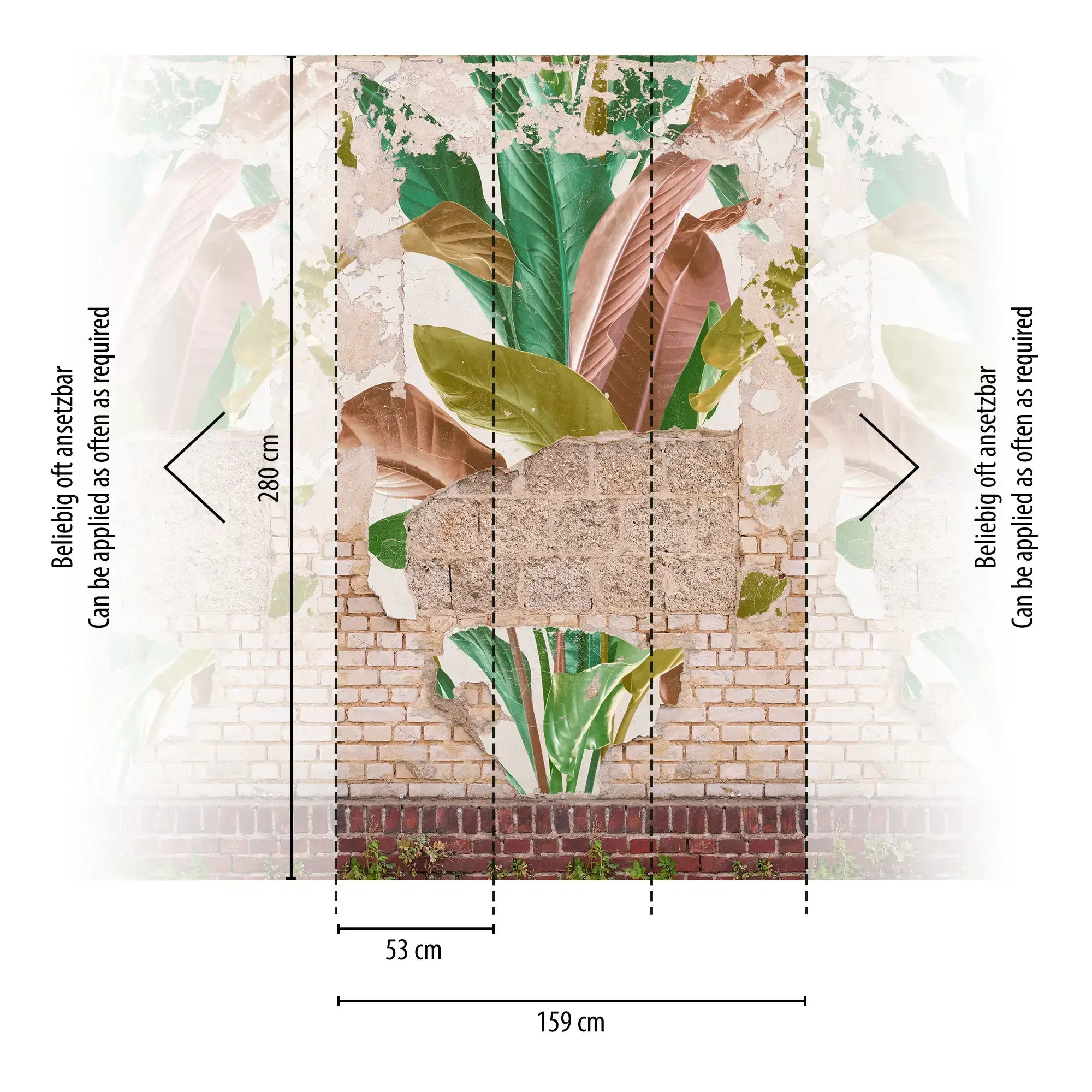 Foliage Frenzy tapet illustration med mål i centimeter, viser detaljerede blade og murstensvæg som elementer.