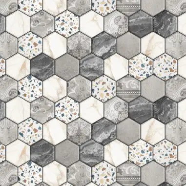 Selvklæbende folie i en hexagon-mønster med grå og beige nuancer, Folio Pro - Hexagon Charm, 45x200cm