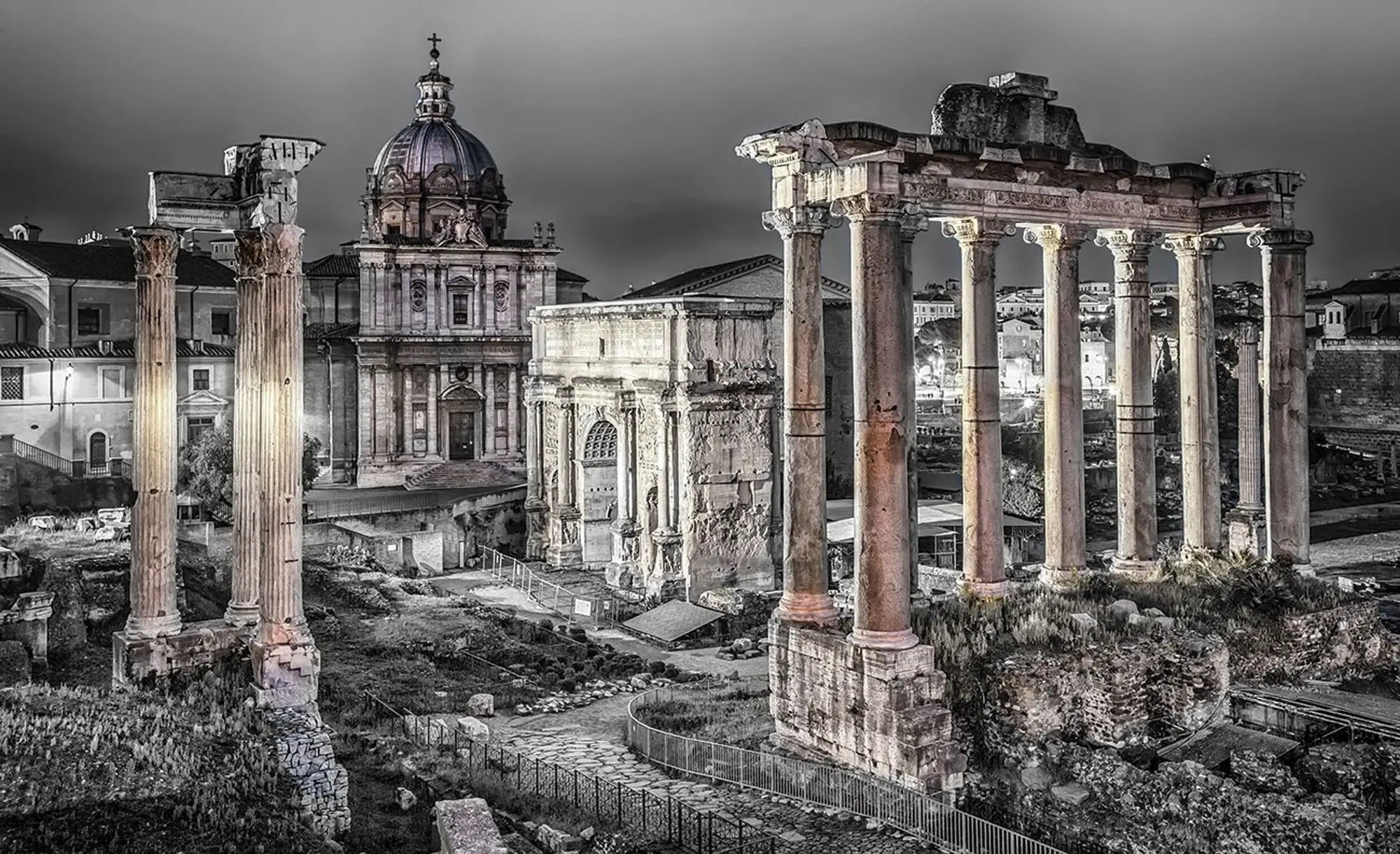 Billede 1 af Fototapet - Forum Romanum med gamle søjler og kirke i Rom