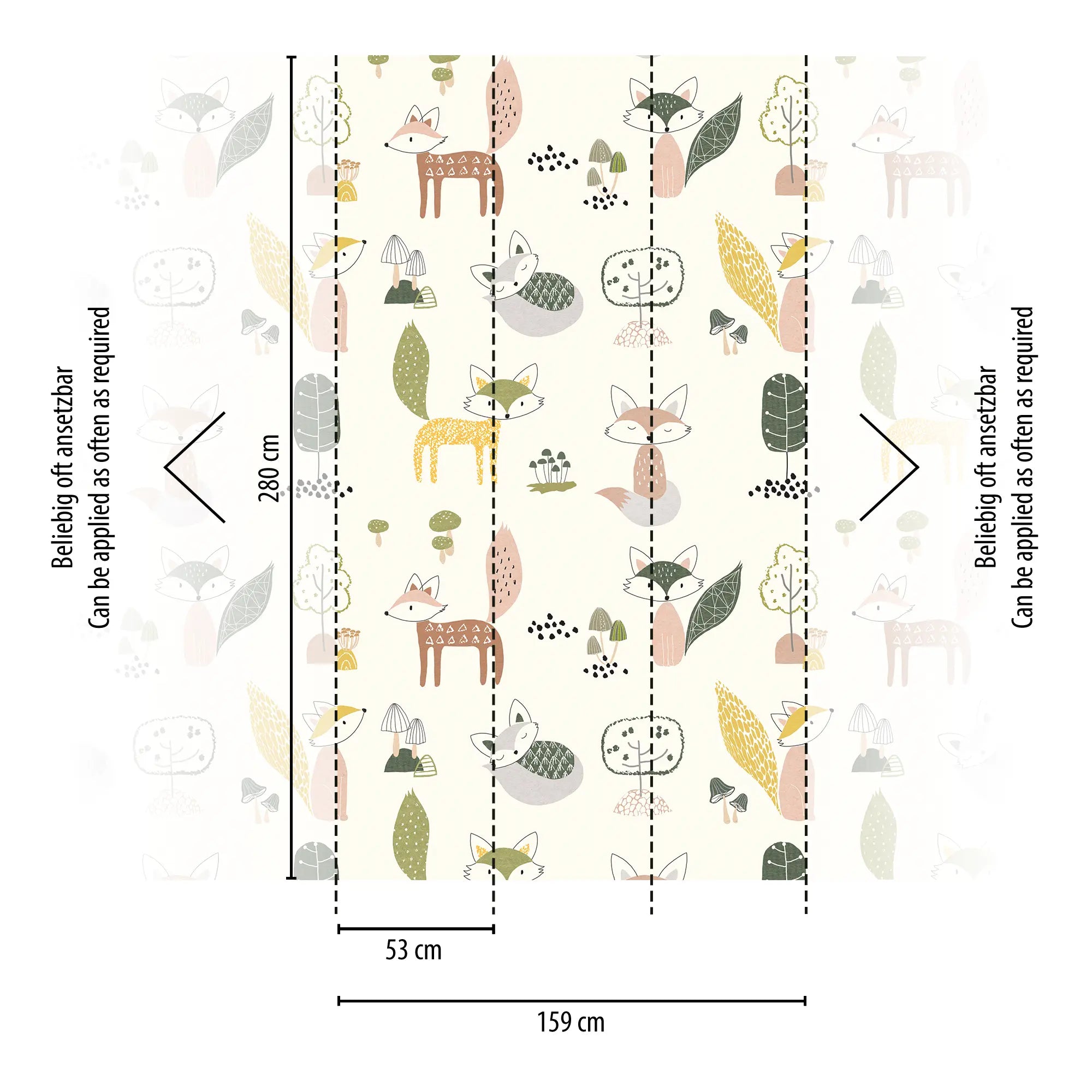 Dimensioner af Foxy Friends tapet med illustrationer af ræve og træer, mål på 280 cm i højden og 159 cm i bredden med segmentering på 53 cm.