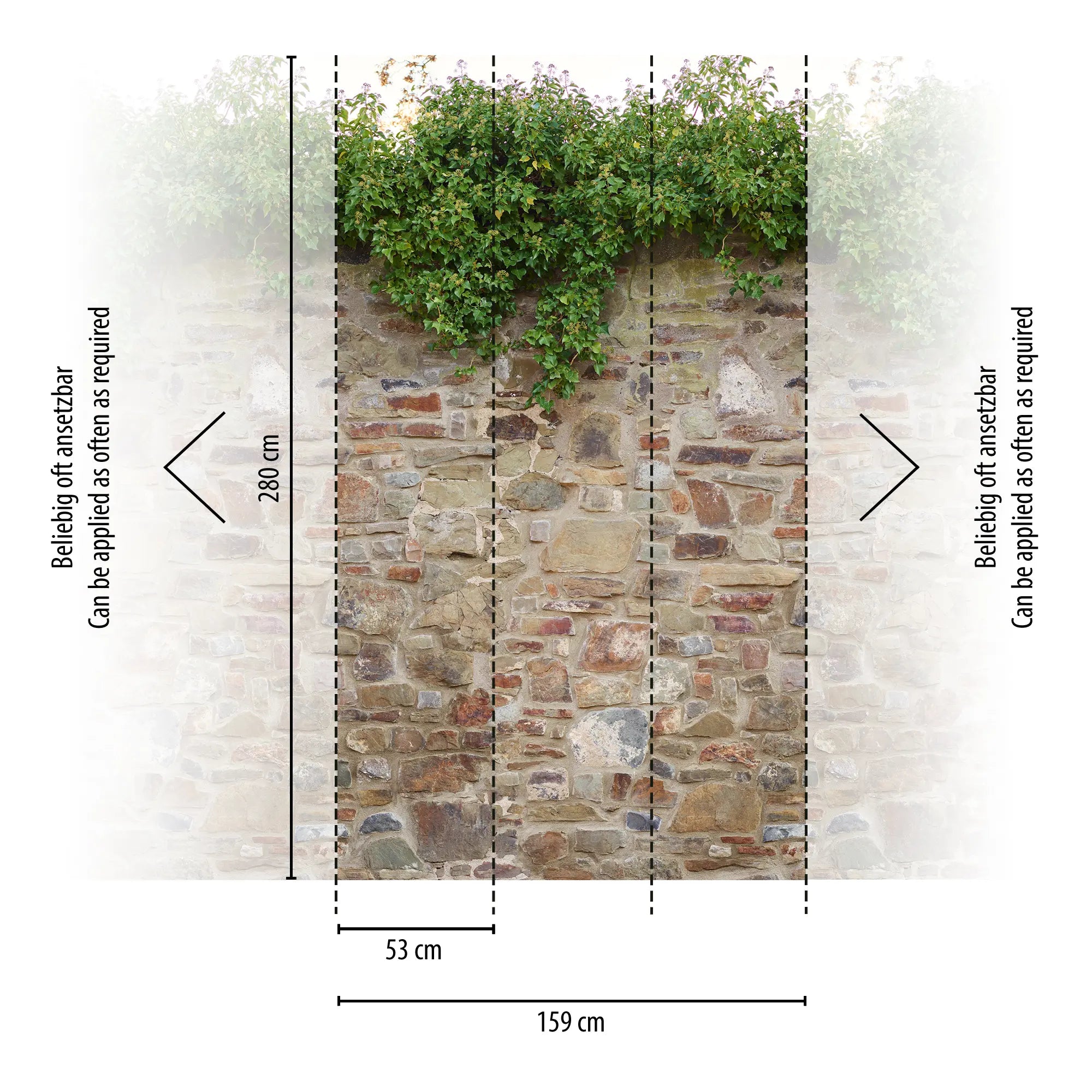 Garden Wall tapet med angivne dimensioner og instruktioner til installation. Tapetet har et stenmurdesign med vedbend.