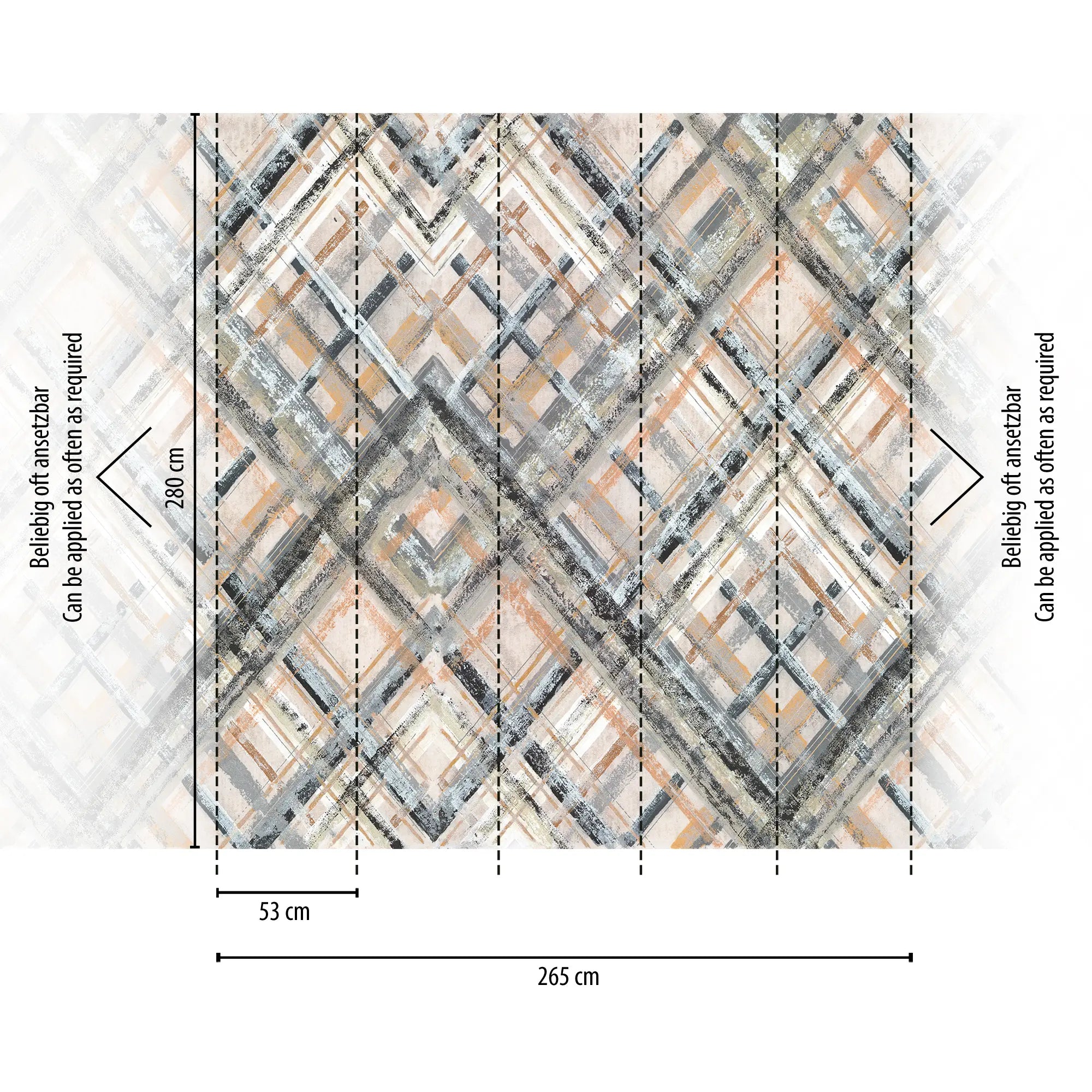 Størrelsesillustration af Geometric Echoes tapet, viser nøjagtige dimensioner på 265 cm x 280 cm med instruktioner på Nicetapet.dk.