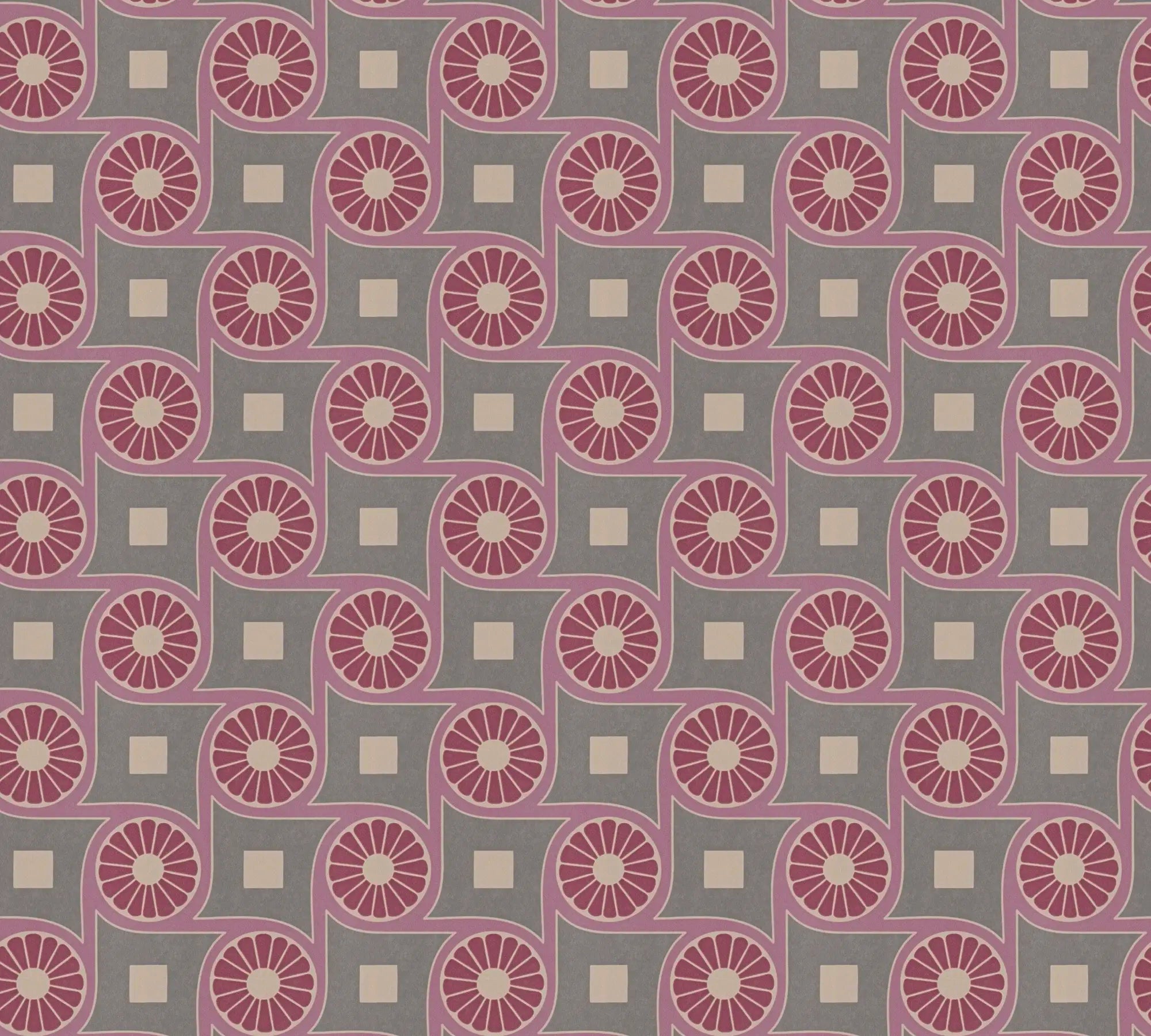 Tapetdesign Geometric Harmony - Berry Bliss med geometriske former i lilla og grå farver.