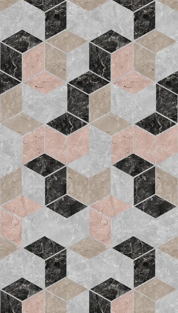 Geometric Illusion tapet med et tredimensionelt mønster af kuber i forskellige farver som grå, sort, beige og rosa, giver en illusion af dybde.