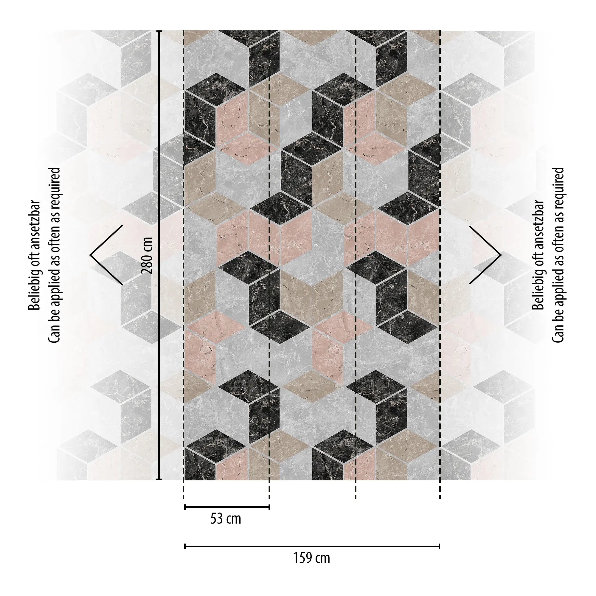 Geometric Illusion tapetstykke, med markeringer af mål og justerbarhed, viser de præcise dimensioner: 280 cm i højden og 159 cm i bredden.