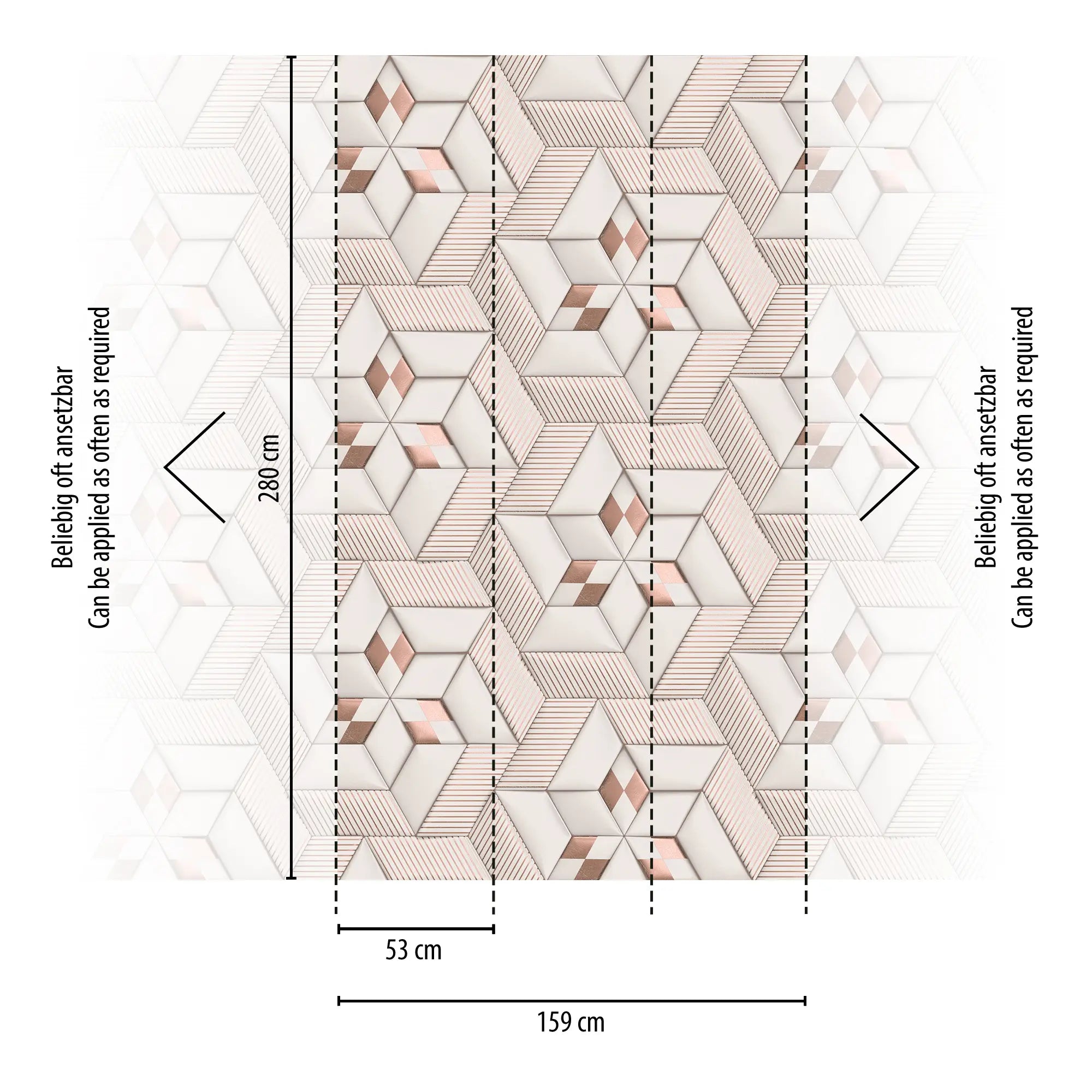 Diagram af Geometric Whirl - Blossom tapet, der viser tapetets mål og gentagelsesmønstre. Viser hvordan tapetet kan anvendes med dimensioner på 280 cm i højden og 159 cm i bredden.