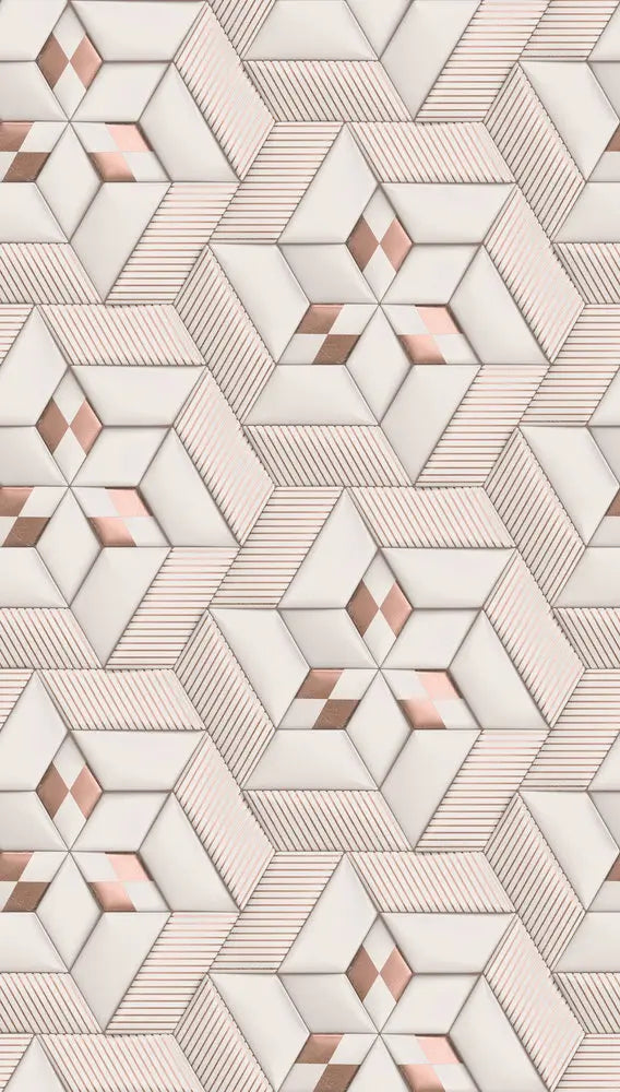 Geometric Whirl - Blossom tapet med komplekst geometrisk mønster i neutrale og rosa nuancer. Designet er i et gentaget mønster der skaber dybde og dimension.