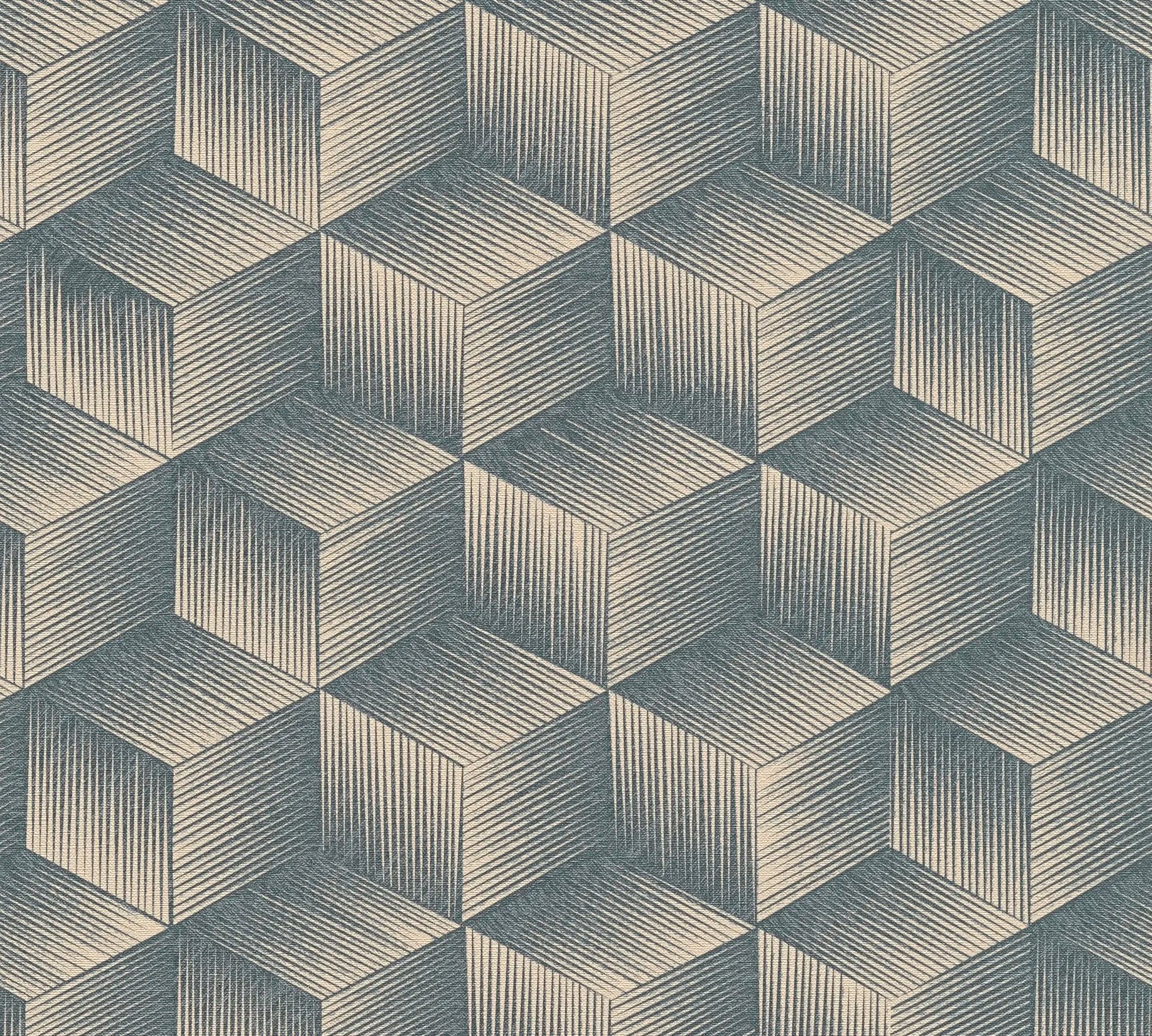 Tapetmønster med geometrisk dybde i blågrønne og beige nuancer, kaldet Geometric Depth - Ocean Slate.