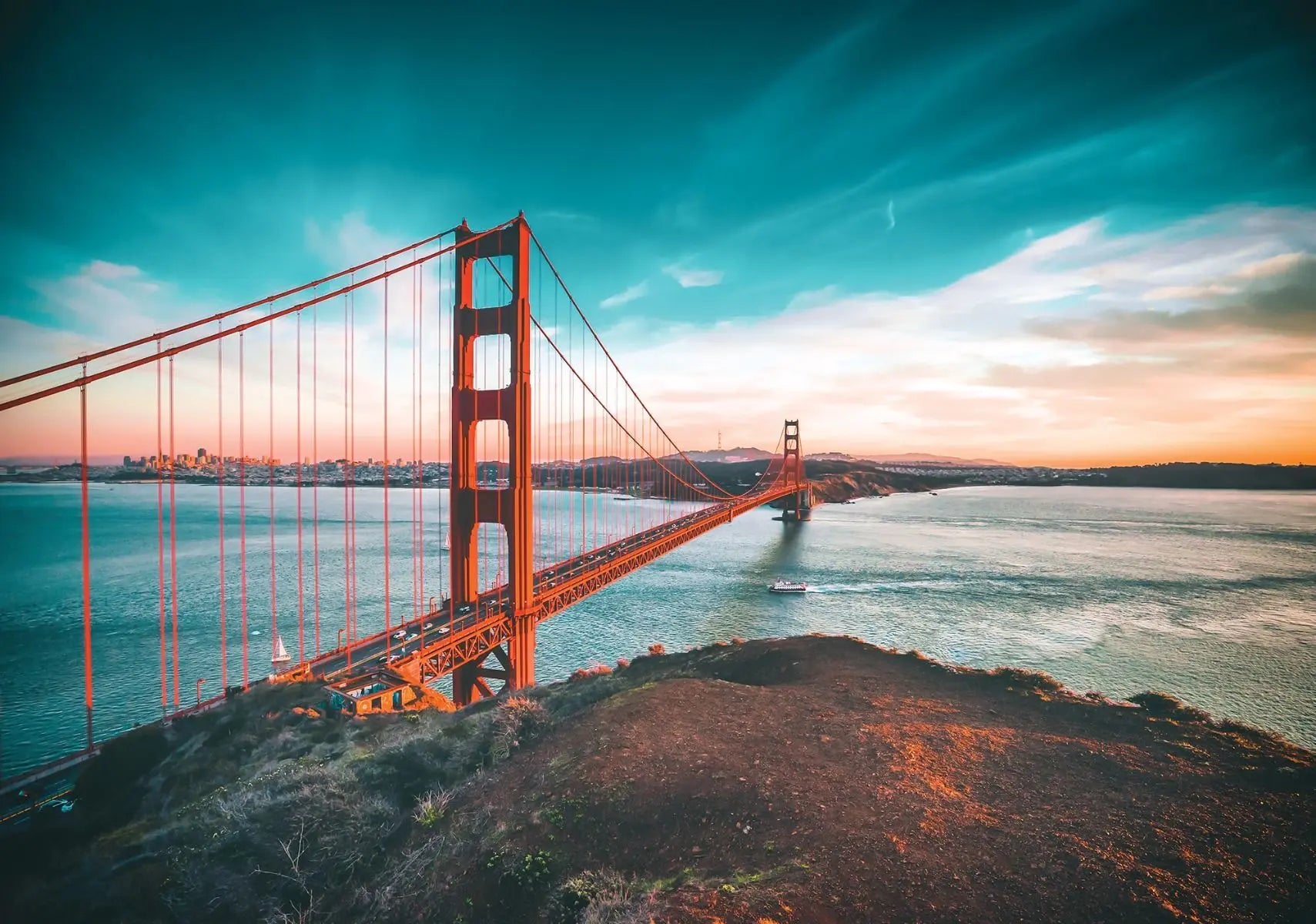 Billede 1 af Fototapet - Golden Gate-broen San Francisco med solopgang