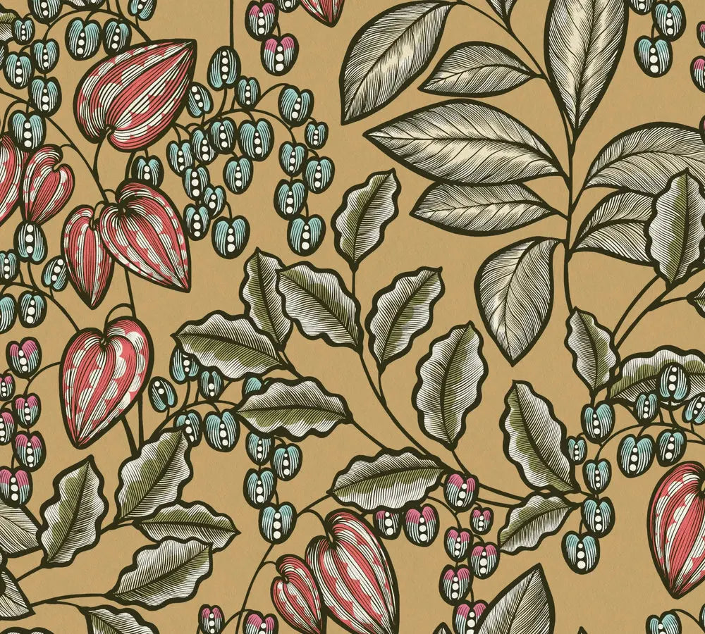 Gravure Botanique - Ochre tapet med detaljeret illustration af blomster og blade i røde, blå og grønne nuancer på en okker baggrund.