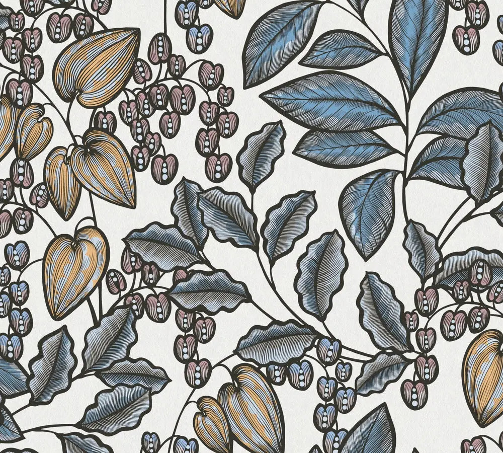 Illustration af Gravure Botanique - Porcelain tapet med detaljerede botaniske mønstre i blå, gul og rosa nuancer.