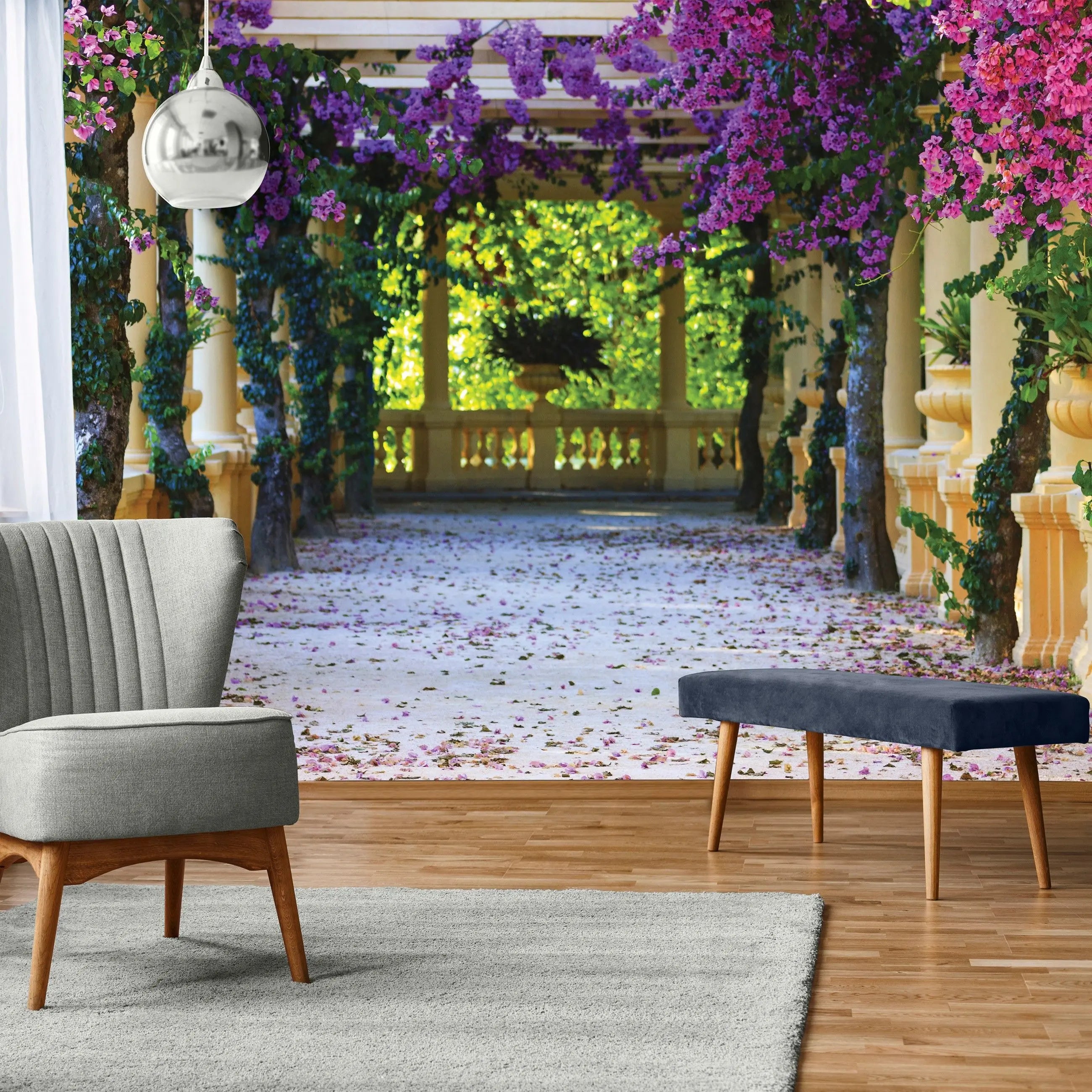 Billede 5 af Fototapet - Gul havepergola med lilla og lyserøde blomster