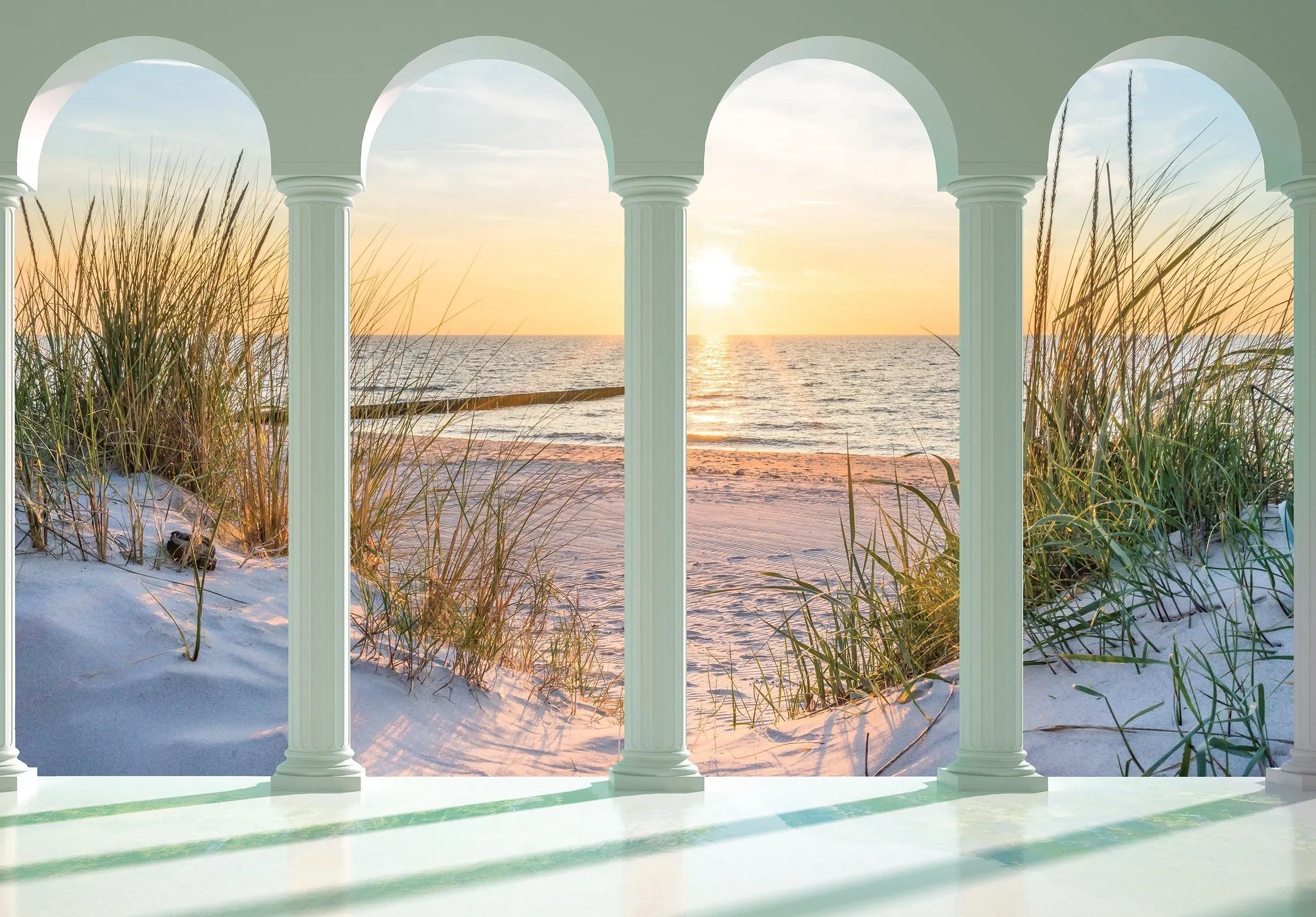 Billede 1 af Fototapet - Havudsigt gennem søjler med sand og marehalm