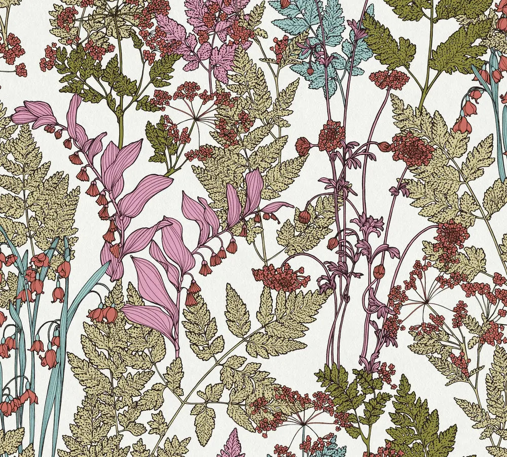 Tæt visning af Herbier Ancien - Blossom tapet med detaljerede botaniske illustrationer i nuancer af rosa, grøn og blå fra Nicetapet.dk.