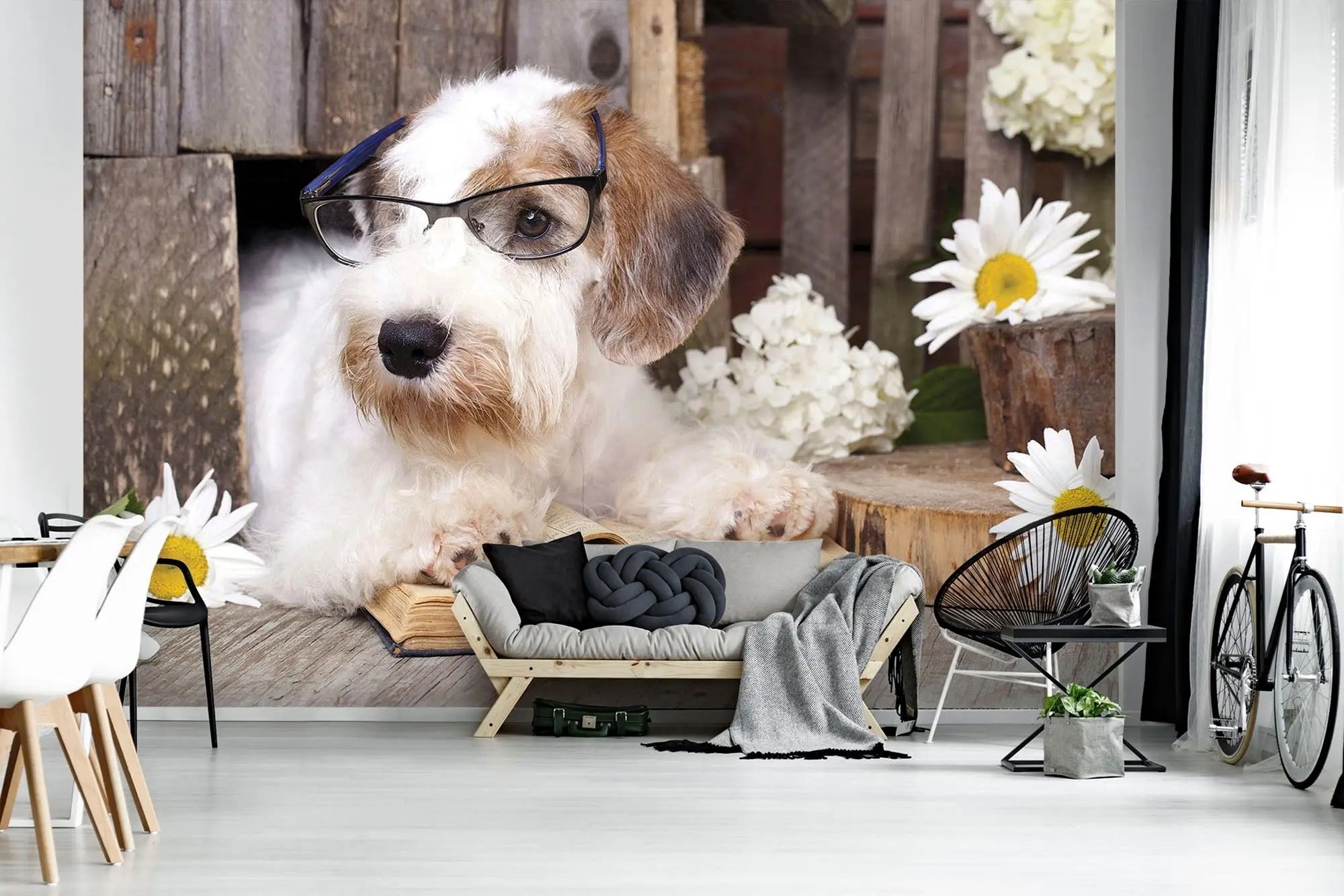 Billede 4 af Fototapet - Hund med briller liggende på åben bog omgivet af blomster