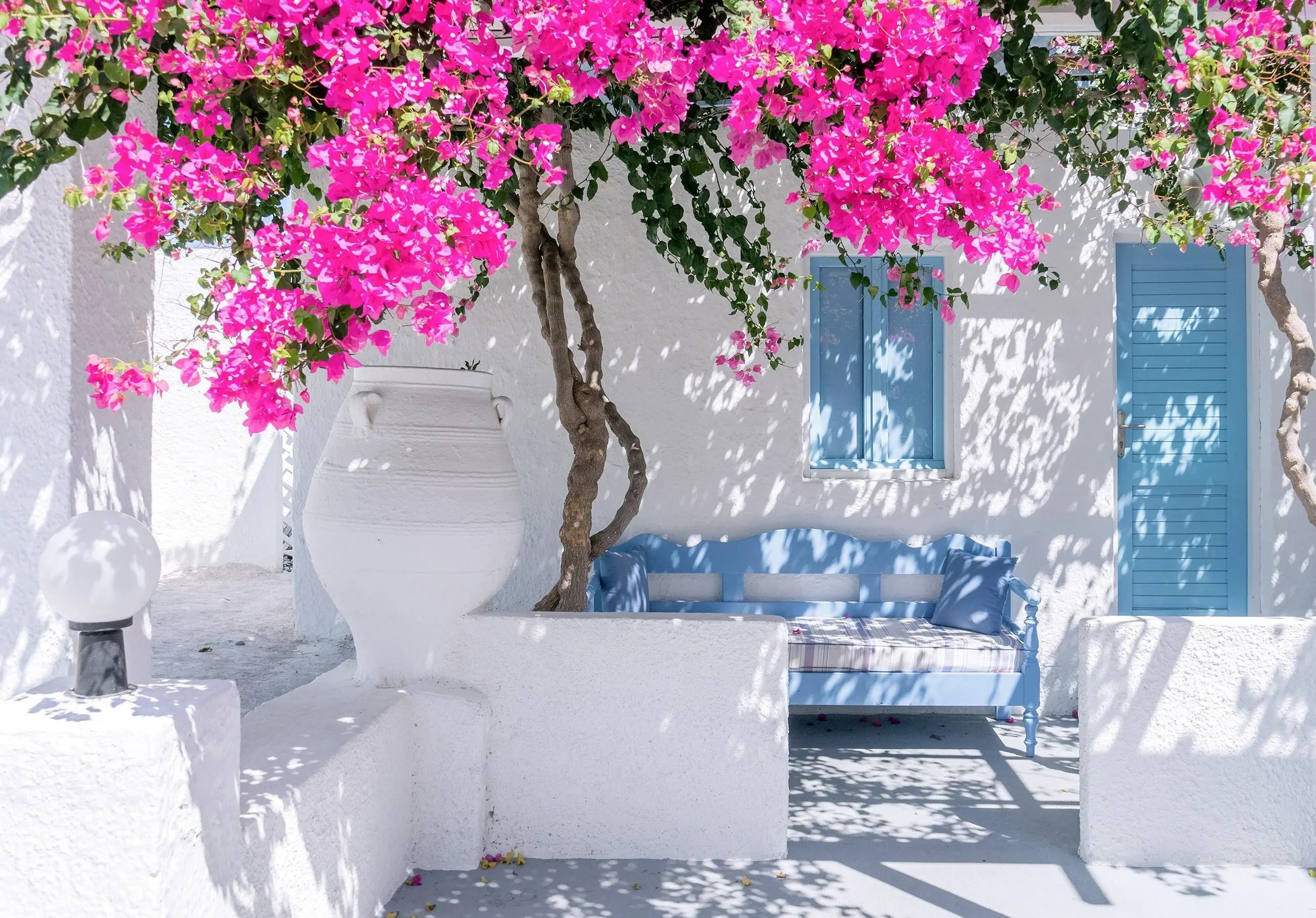 Billede 6 af Fototapet - Hvidt hus med blå vinduer og pink bougainvillea