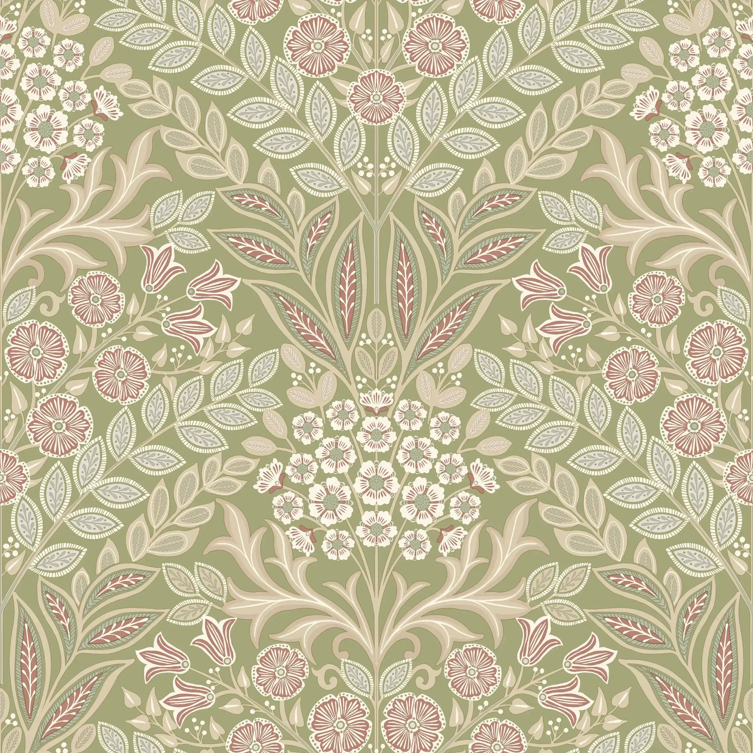 Tapetdesign Iconic Tapestry - Blush med blomstermotiver og blade i afdæmpede nuancer.