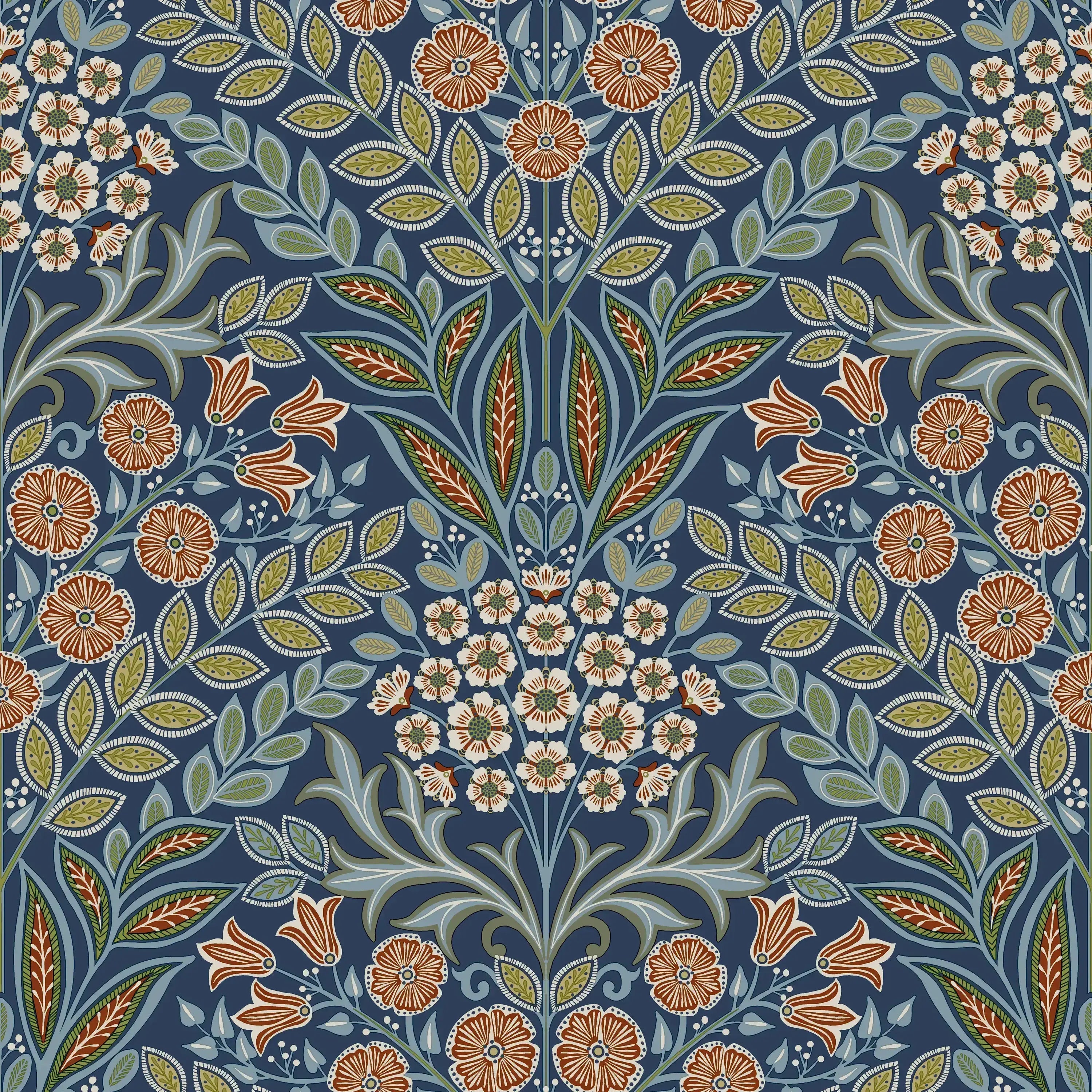 Tapet med navnet Iconic Tapestry - Midnight, der viser et detaljeret blomstermotiv med grønne, røde og hvide blomster på en mørkblå baggrund.