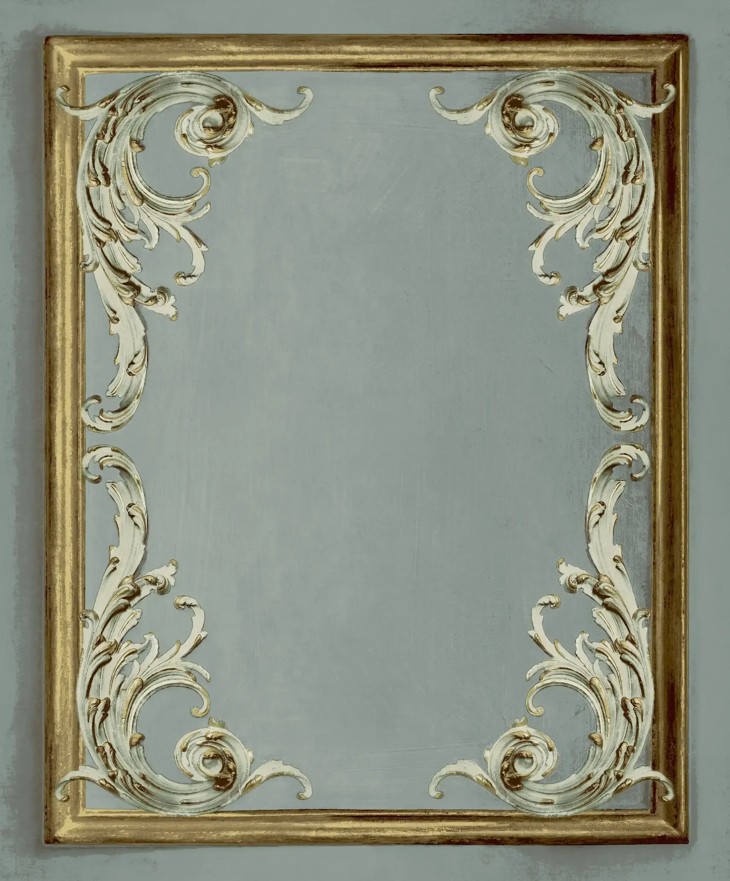 Et elegant tapet fra Iconic Frame - Serenity med en dekorativ ramme af guld og detaljeret bladmønster i hjørnerne. Perfekt til tilføjelse af en klassisk touch til ethvert rum.