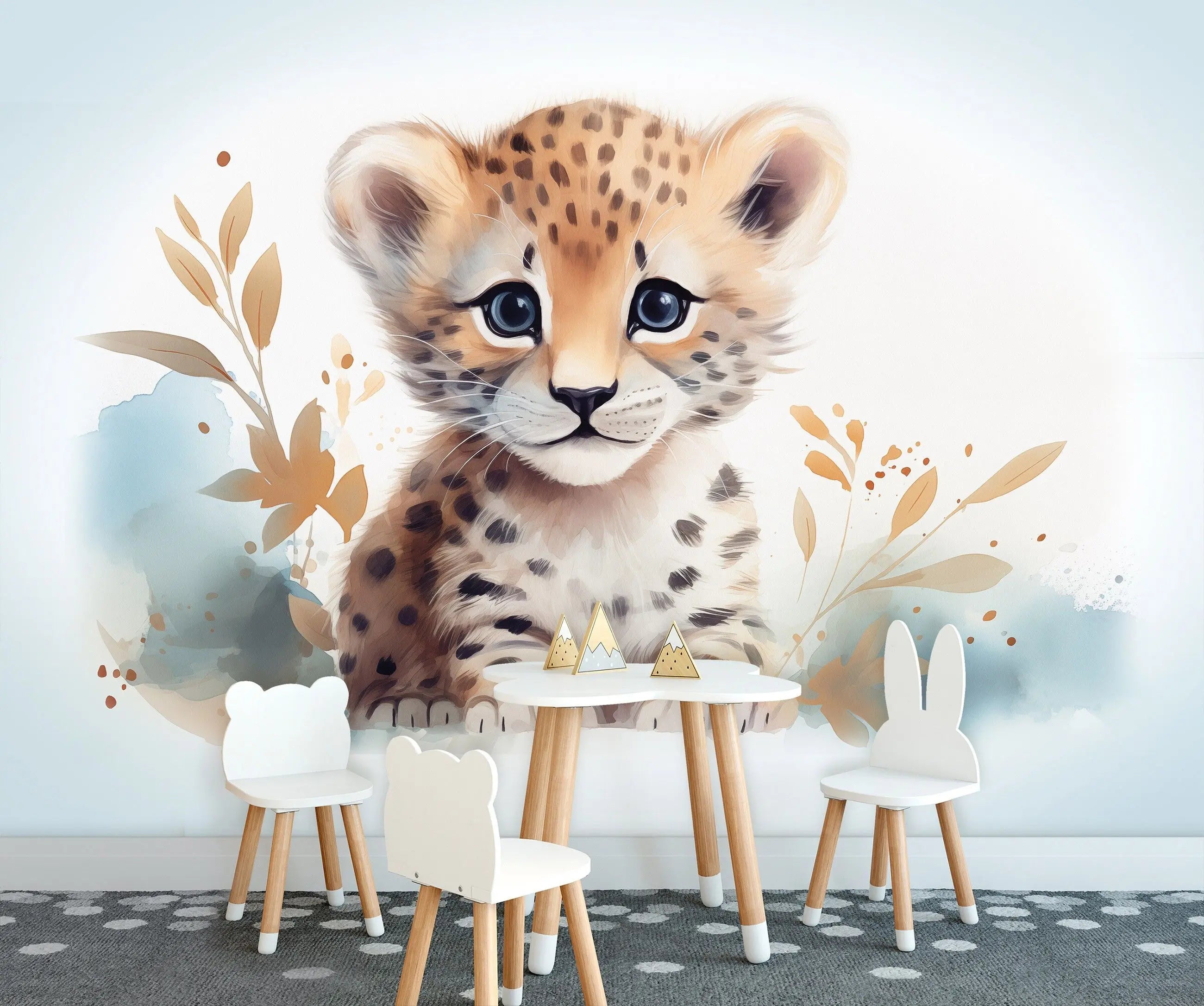 Billede 3 af Fototapet - Illustration af leopardunge med planter