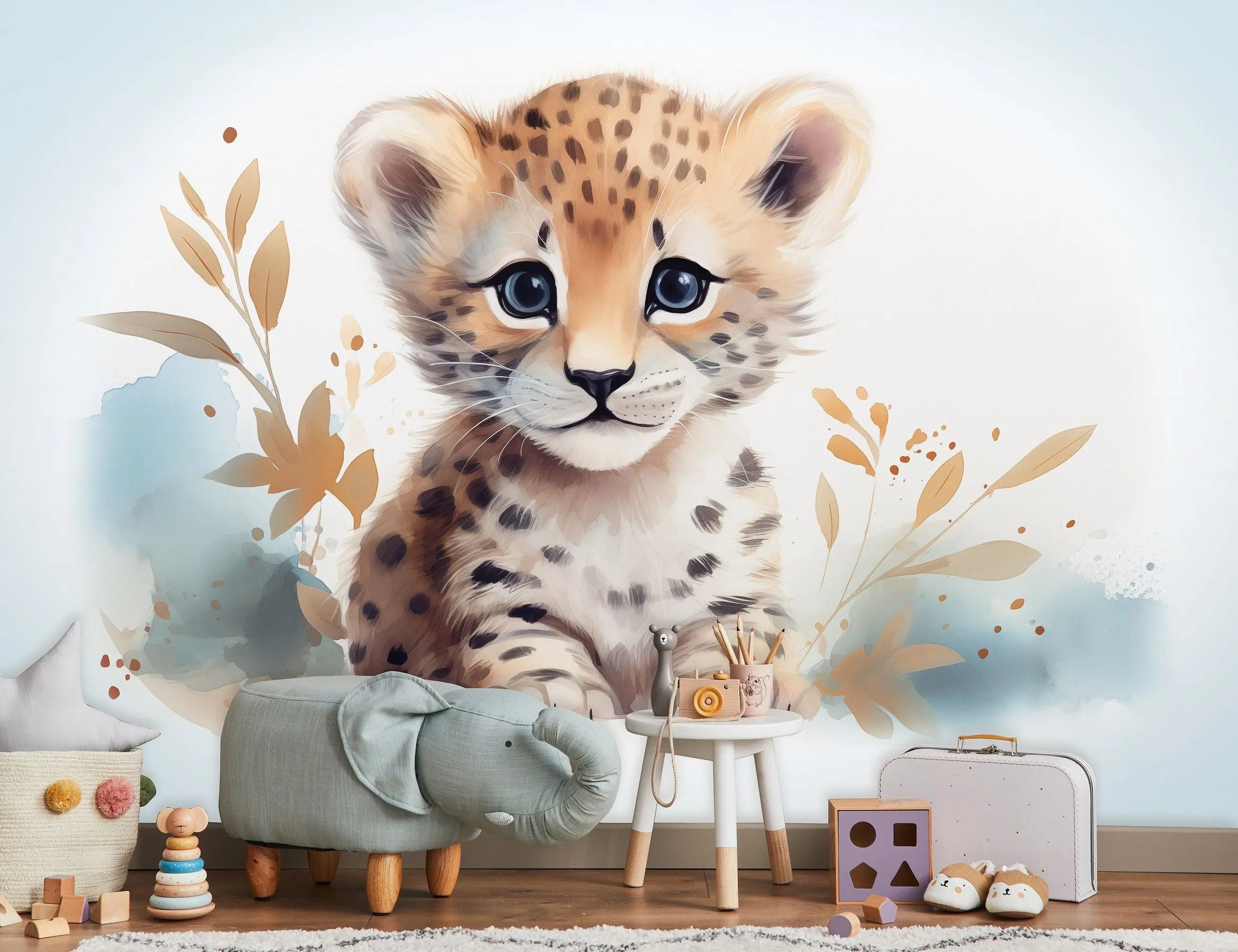 Billede 4 af Fototapet - Illustration af leopardunge med planter