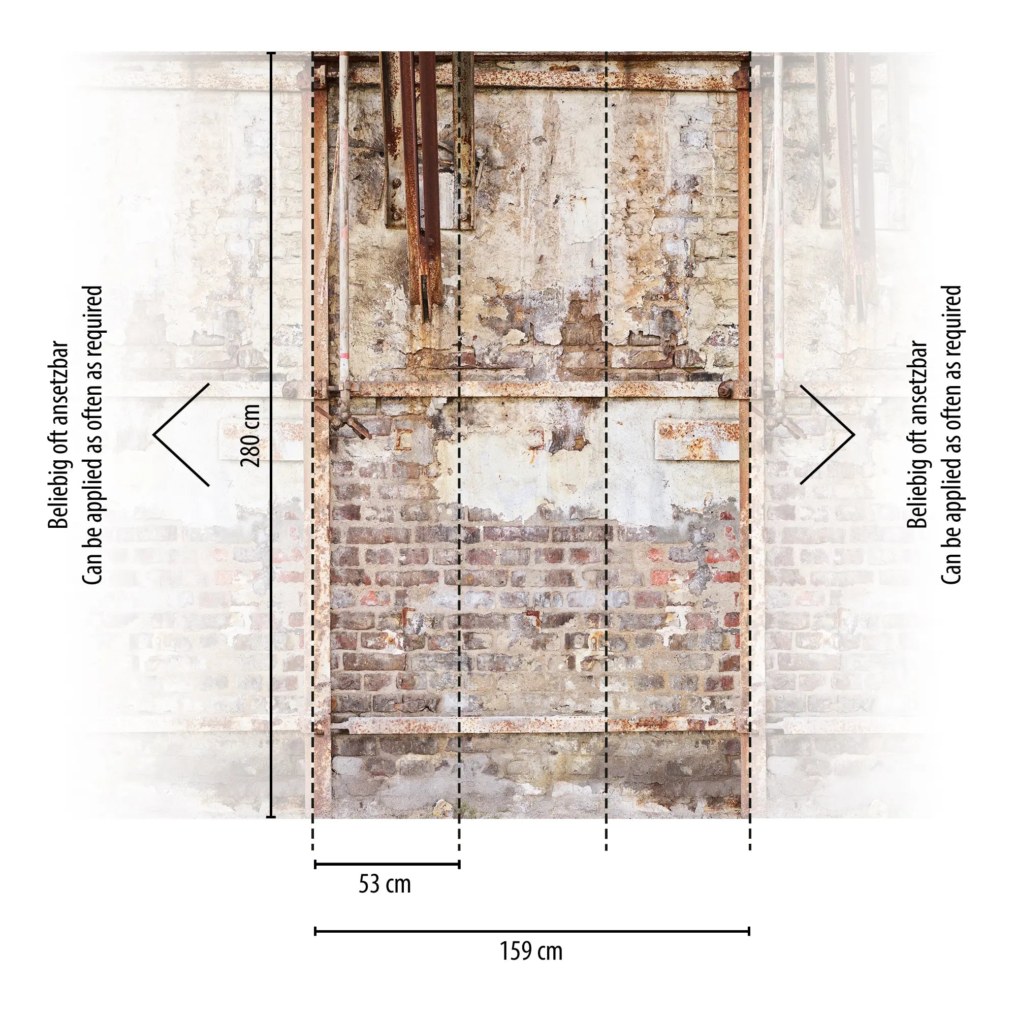 Diagram, der viser dimensionerne for Industrial Relic tapet fra Nicetapet.dk. Tapetet måler 280 cm i højden og 159 cm i bredden, opdelt i sektioner af 53 cm.