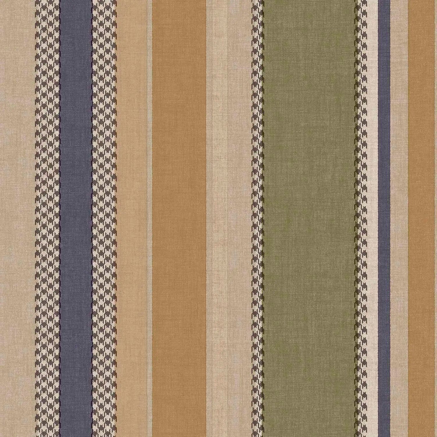 Tapetmønster med lodrette striber i grønne, olivengrønne, beige og blå nuancer. Produktnavn: Isaan Stripes - Olive.