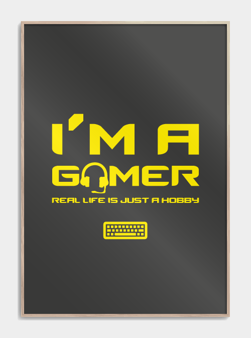 "I`m a GAMER" sort/gul plakat A3 - Køb fed gaming poster med tekst