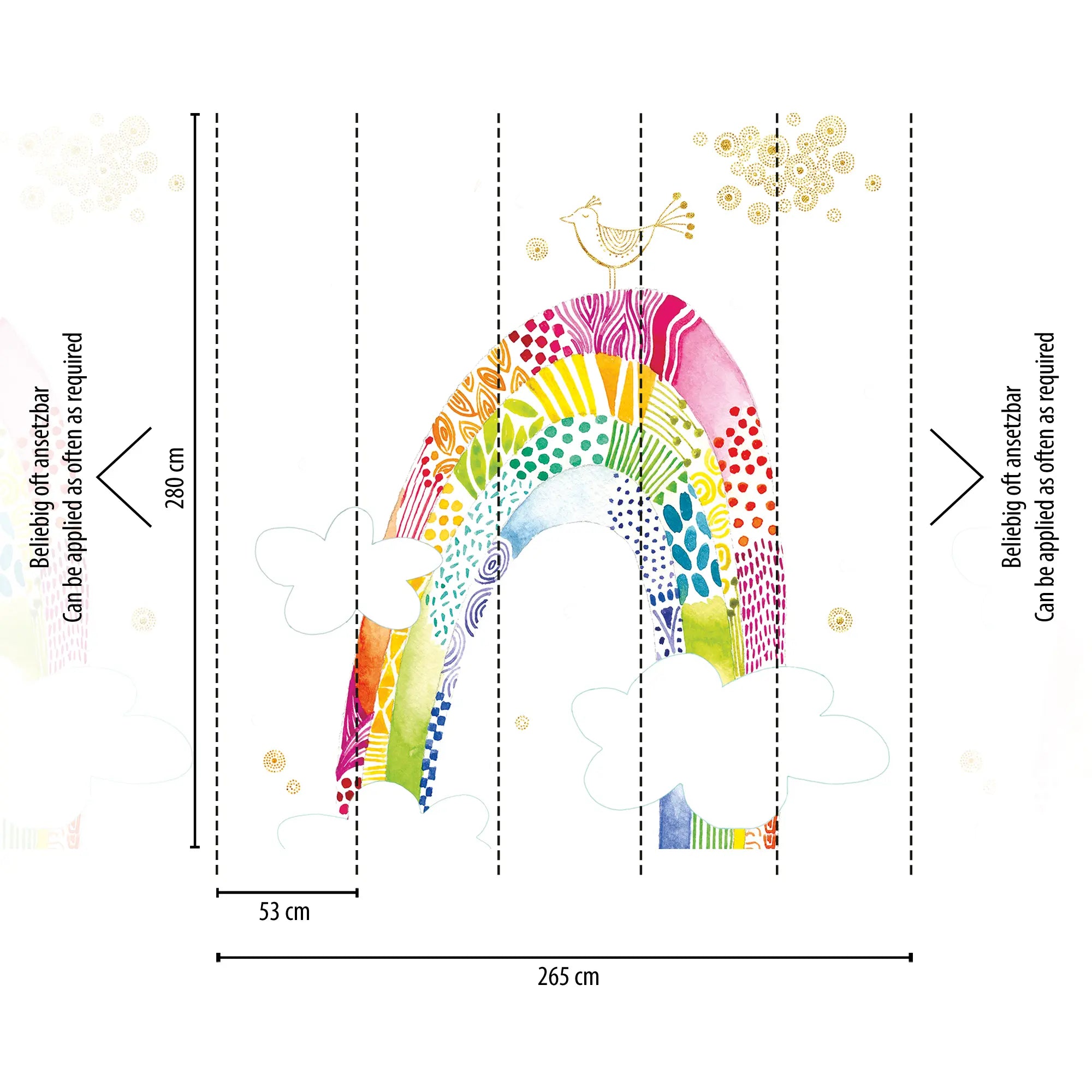 Joyful Arc tapet med mål, viser en farverig regnbue og fugl opdelt i sektioner med dimensionerne 280 cm højde og 265 cm bredde.