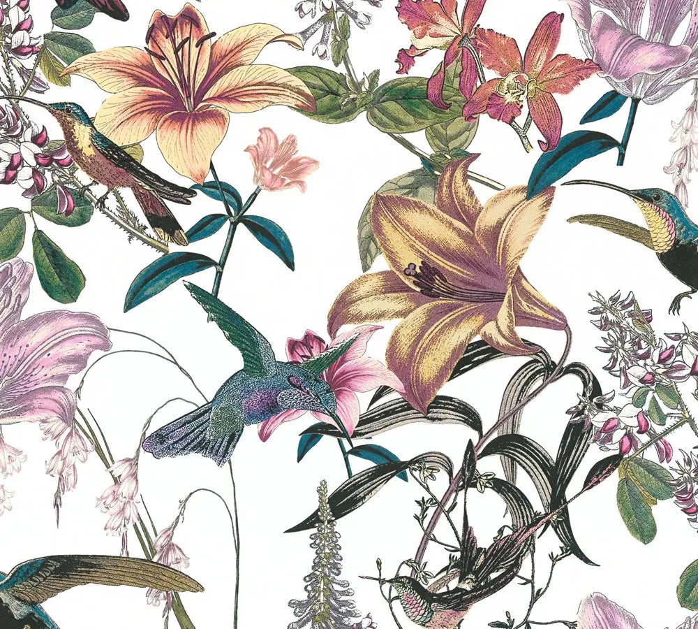 Dekorativt tapet 'Jungle Symphony - Harmony' fra Nicetapet.dk med detaljerede illustrationer af kolibrier og blomster i forskellige farver på en lys baggrund.