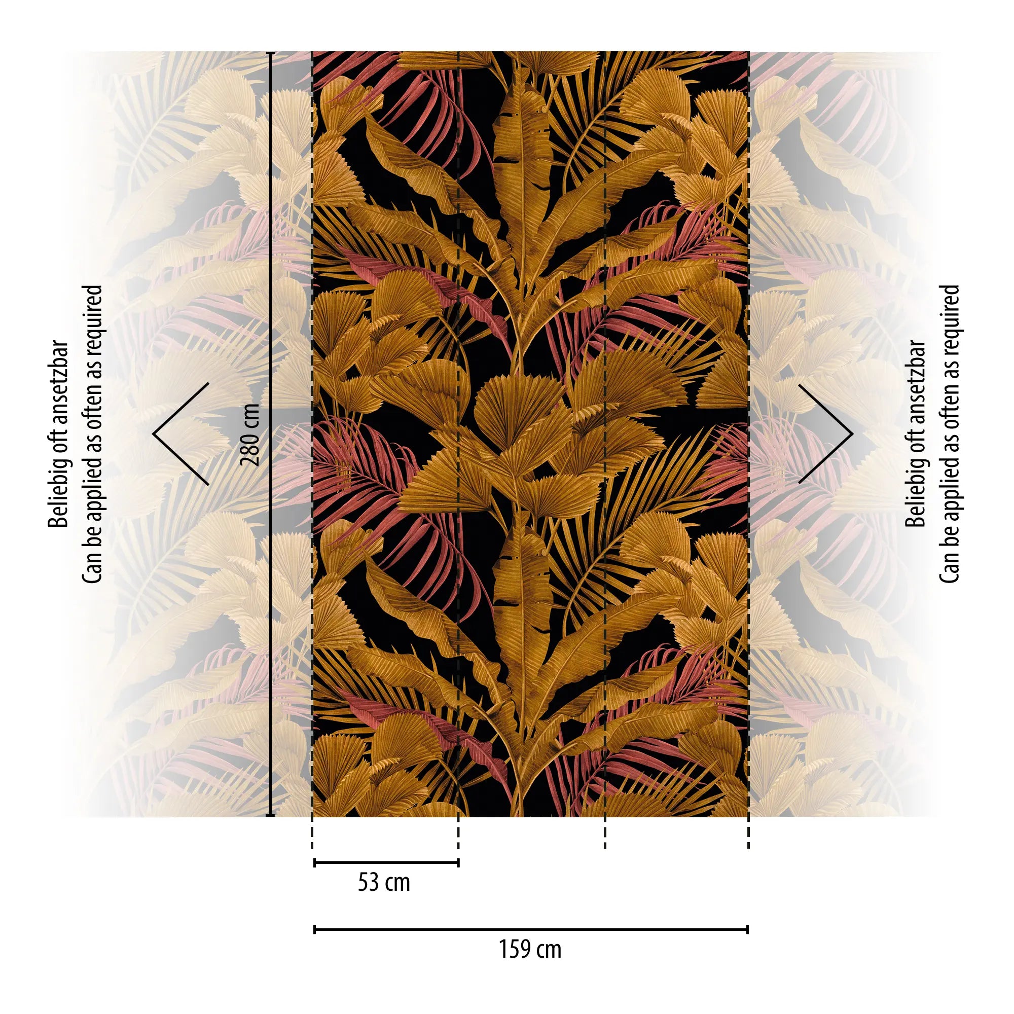 Vist samlet design af Jungle Whisper - Ember tapet med dimensioner 53 cm bredde per panel og totalbredde på 159 cm, illustrerer installationen.