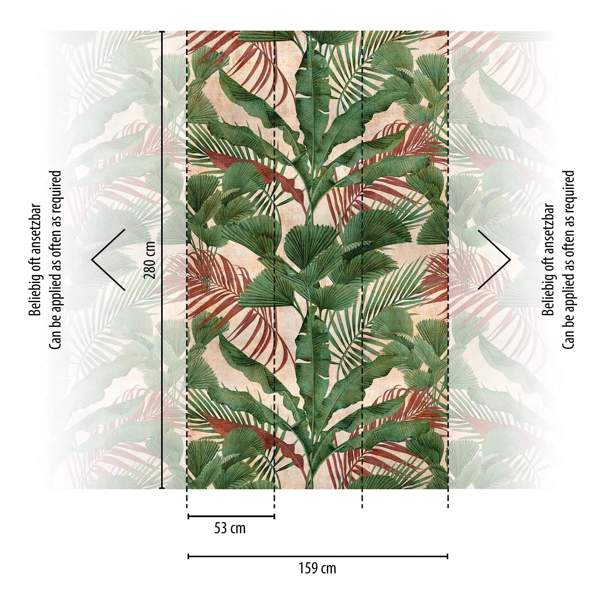 Jungle Whisper - Oasis tapet viste dimensioner med en bredde på 159 cm og en højde på 280 cm, med detaljer om mønsteret og gentagelsen.