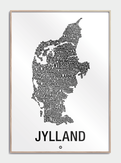 Jylland Sort hvid plakat med bynavne 50 X 70cm. - Køb Plakater her!