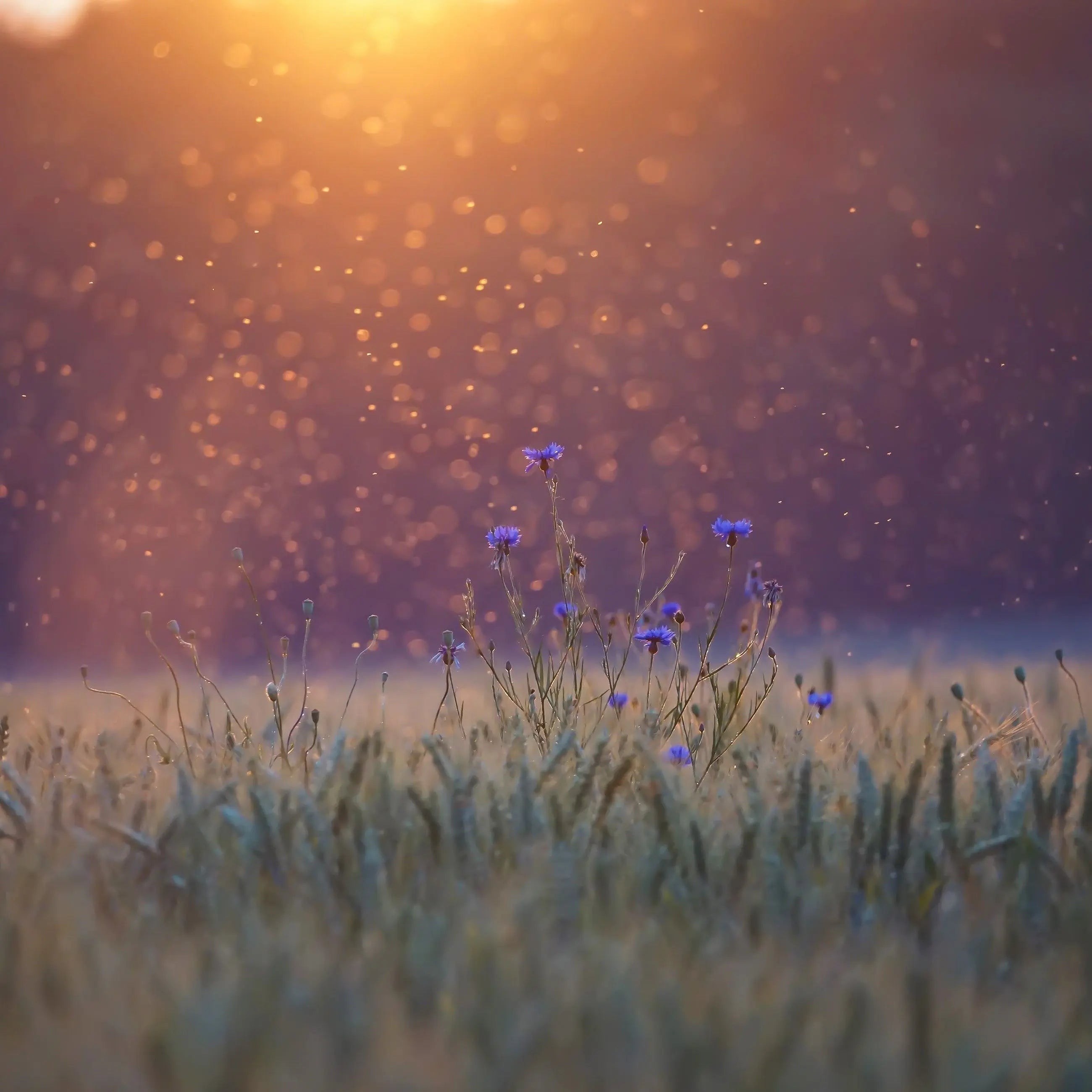 Billede 8 af Fototapet - Kornblomster i eng ved solnedgang