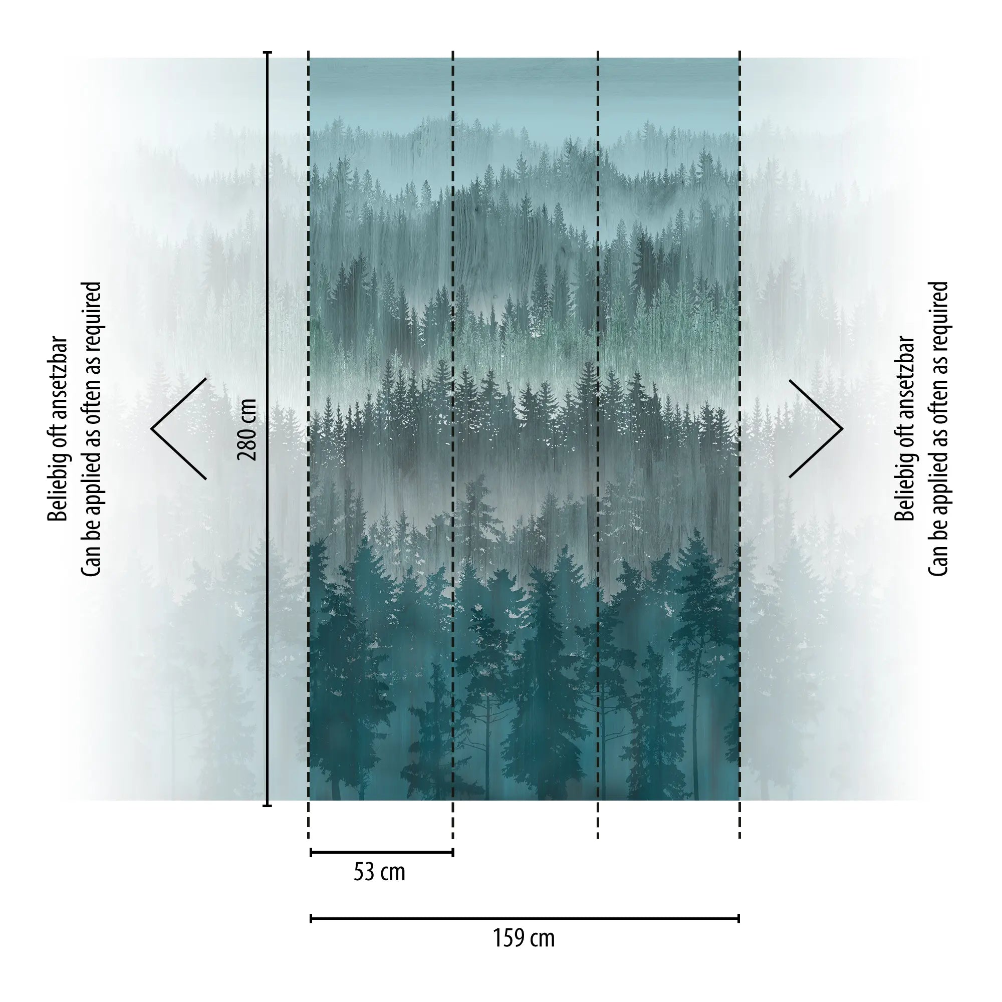 Dimensioner af Lagdelte Skov - Dybde tapet, angivet med mål i centimeter på et diagram.